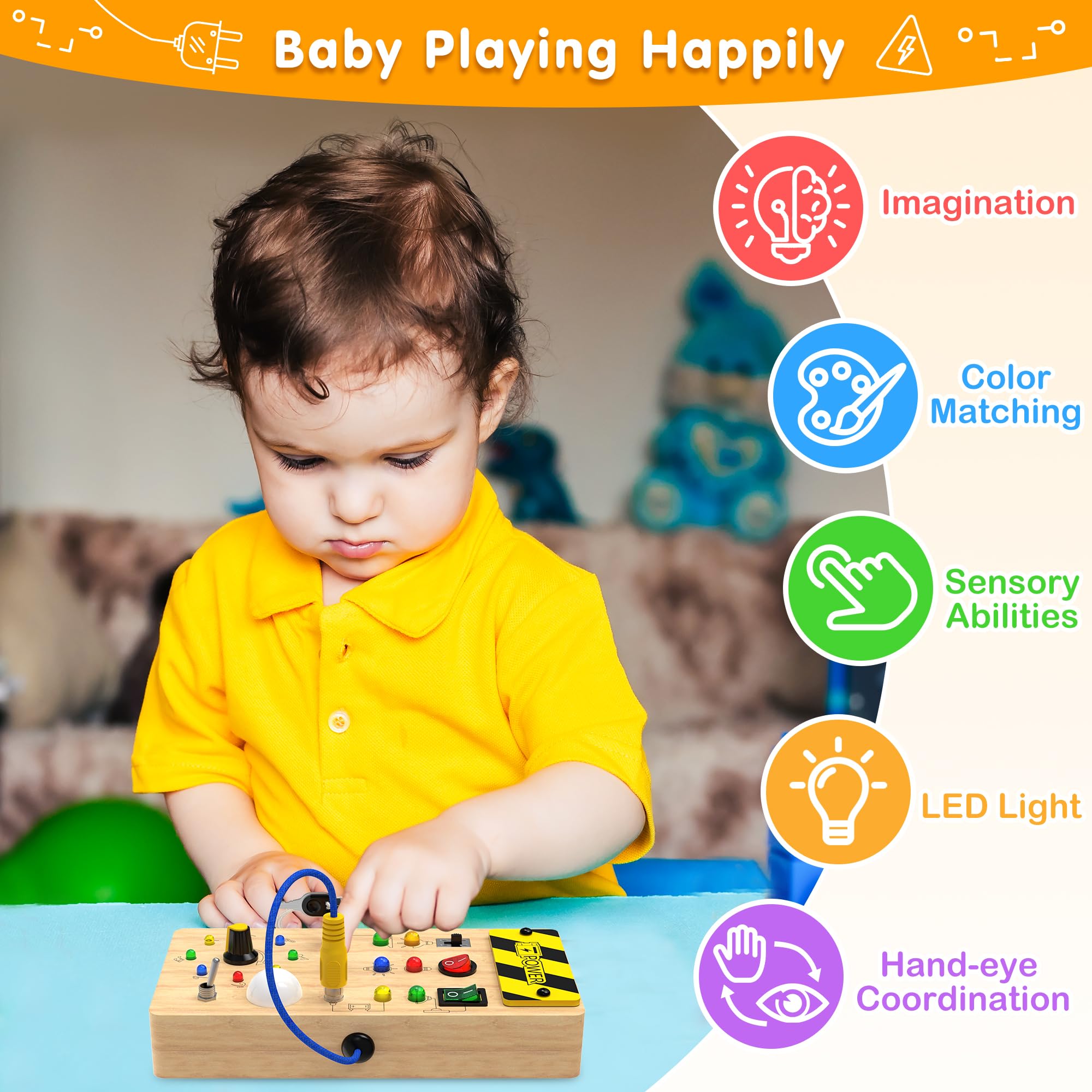 Montessori Busy Board - Wooden Sensory Toy with Light Switch for Toddlers 1-4 Years - Perfect for Travel & Learning