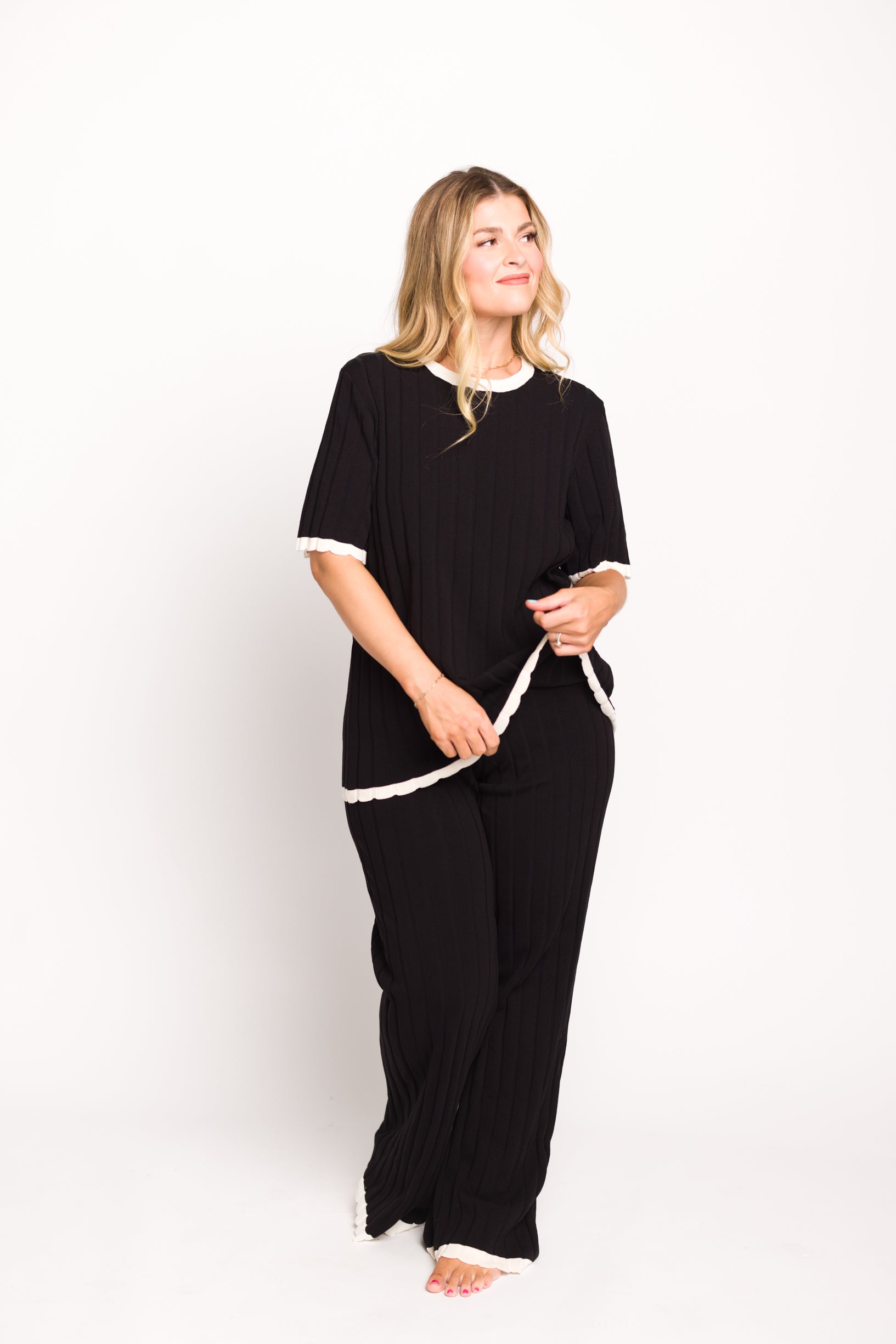 Adele Ribbed Knit Top and Pants Set - Women's Black Stretch Outfit for Casual Wear, Lounge & Fall Fashion