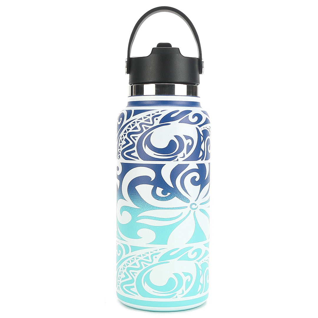 32oz Insulated Stainless Steel Water Bottle with Leakproof Lid - Tapa Tiare Blue Aqua for Hiking, Gym & Outdoor Activities