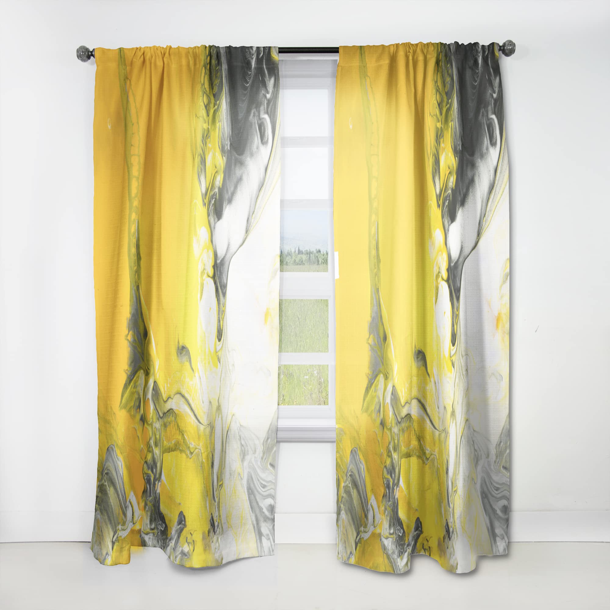 DesignQ White & Yellow Marbled Acrylic Black Cloud Print Thermal Insulated Curtain Panel - 52x95 Inches - Elegant Window Drapes for Bedroom & Living Room - Perfect for Home Decor, Light Filtering & Temperature Control