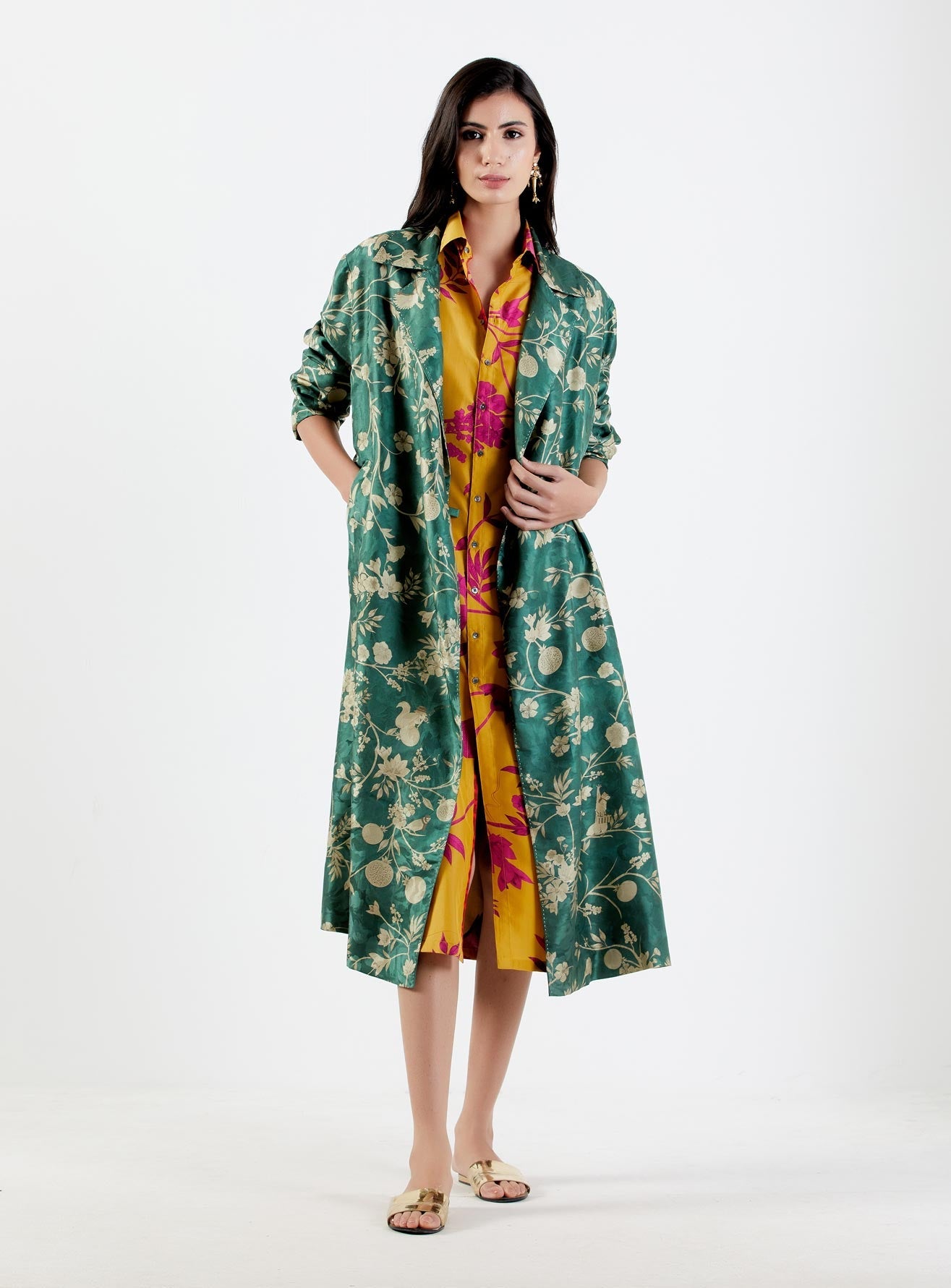 Luxury Long Silk Damask Coat for Women - Elegant Forest Print Outerwear for Fall & Winter | Perfect for Formal Events, Weddings & Evening Occasions