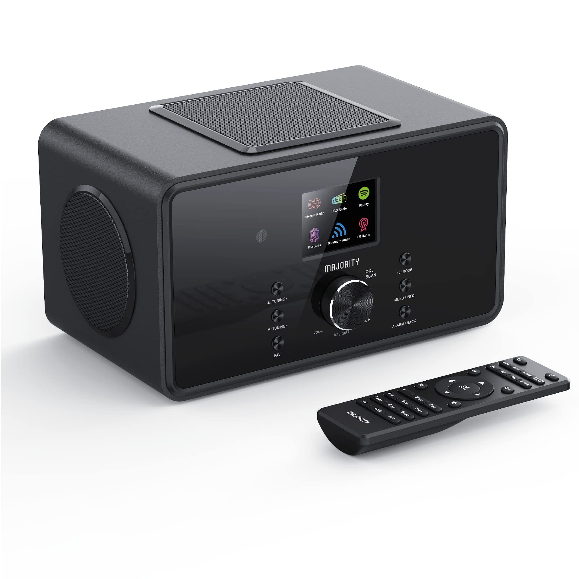 Majority Bard Bluetooth Internet Radio with Dab+ | 100W 2.1 Channel Speaker System with Powerful Subwoofer | FM, Spotify, Podcasts | AUX/USB Input | Dual Alarm Clock, 90+ Presets & Remote Control (Black) – Perfect for Home, Office, and Bedroom Entertainment