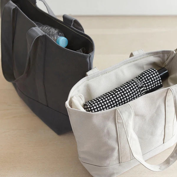 Kurashiki Hampu Canvas Zipper Tote Bag - Grayish White Japanese Style Tote for Work, Travel & Shopping | Durable Cotton Shoulder Bag