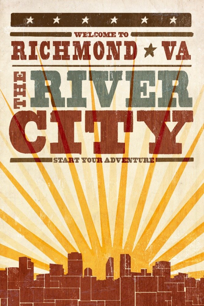 Richmond Virginia Skyline & Sunburst Screenprint Art Print - 24x36 Signed Wall Decor Poster for Living Room, Office & Home Decor | Virginia Landscapes, Cityscape Artwork