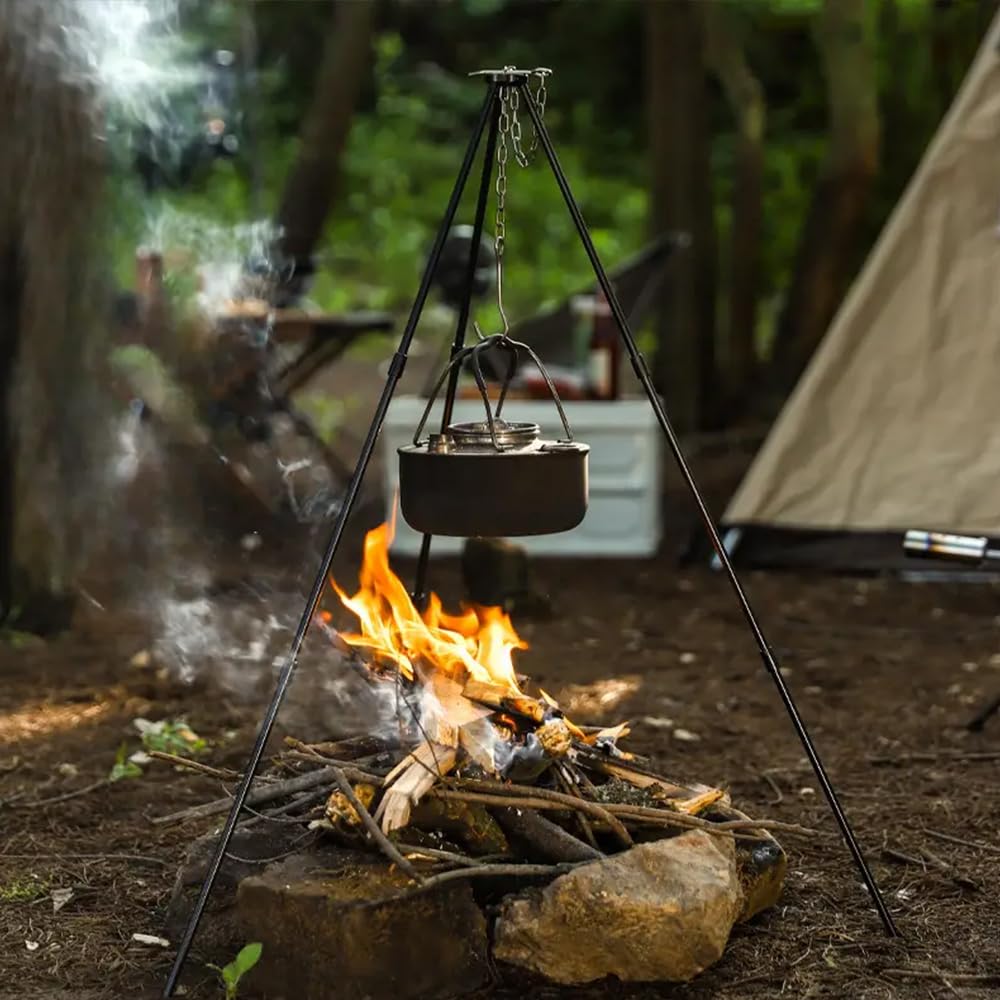 Adjustable Aluminum Camping Tripod with Chain & Storage Bag - Portable Hanging Pot Fire Stand for Outdoor Cooking, Picnics & Camping (Silver, 1-Piece) - Perfect for Backpacking, Hiking & Wilderness Adventures
