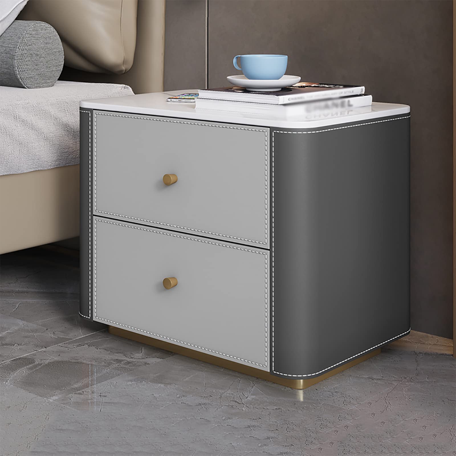 Modern Nightstand with 2 Drawers & Stainless Steel Base - Large Storage Bedside Table for Bedroom, Living Room in Dark/Light Gray - Perfect for Small Spaces, Apartment Essentials & Home Organization