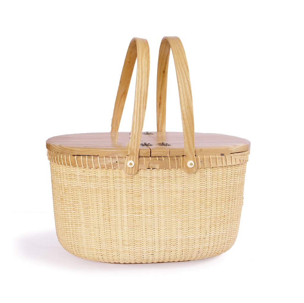 Handmade Double Lidded Rattan Picnic Basket - Woven Wicker Storage Hamper with Handle & Lid - Perfect for Outdoor Picnics, Beach Trips, and Easter Gatherings (White Cork, 15x11x8.5 Inches)