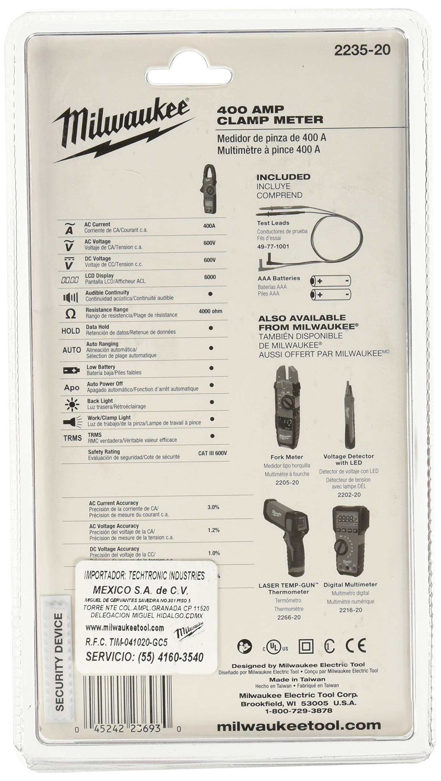 Milwaukee 2235-20 400 Amp Digital Clamp Meter - True RMS AC/DC Current Voltage Tester for Electricians, HVAC & Industrial Use
