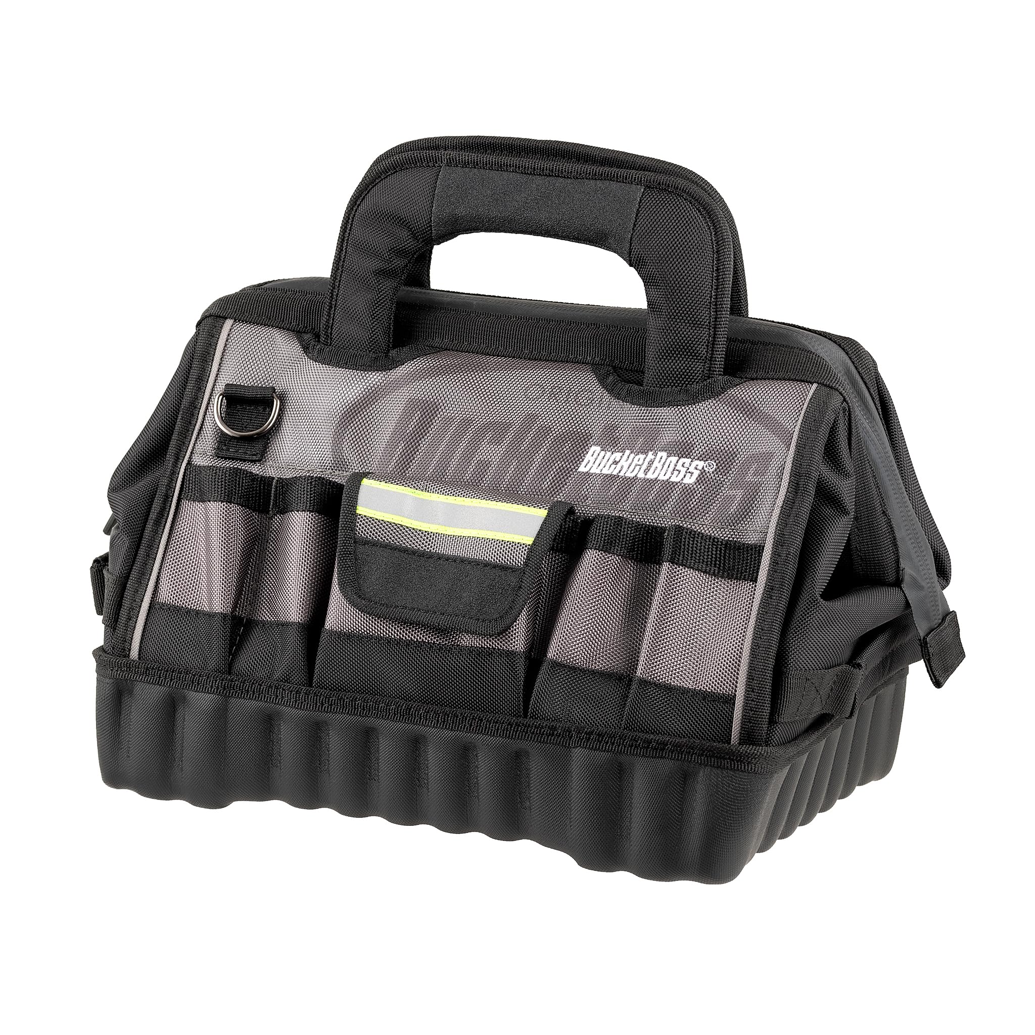 Bucket Boss 14 HV Pro Tool Bag - Professional Series (65114-HV) Grey & Black 14 Inch Heavy Duty Tool Organizer for Electricians, Contractors & DIY Home Improvement Projects