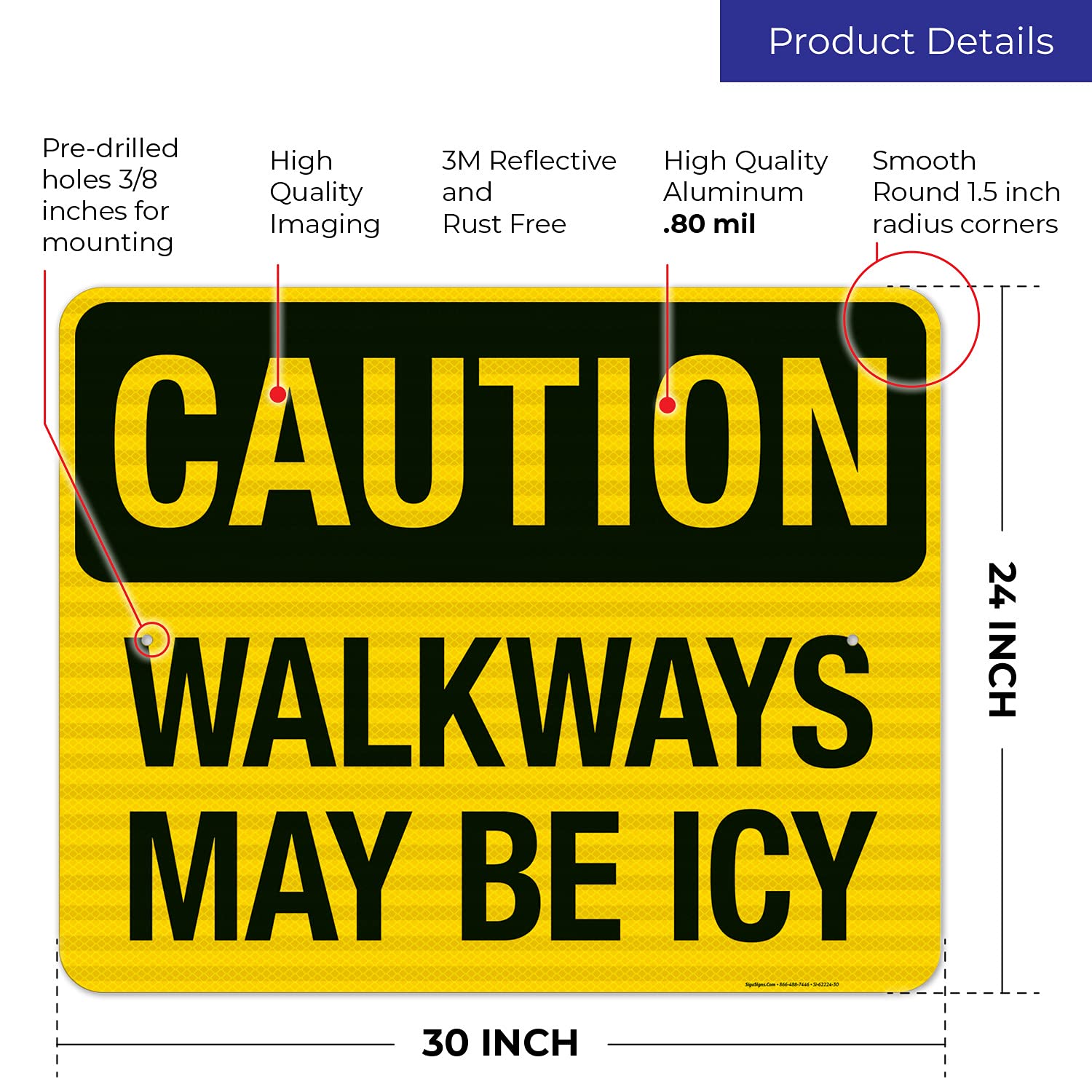 3M EGP Reflective Aluminum 'Walkways May Be Icy' Warning Sign - 24x30 Inches, .080 Thickness, Fade Resistant, Made in USA - Ideal for Parking Lots, Sidewalks & Winter Hazard Areas