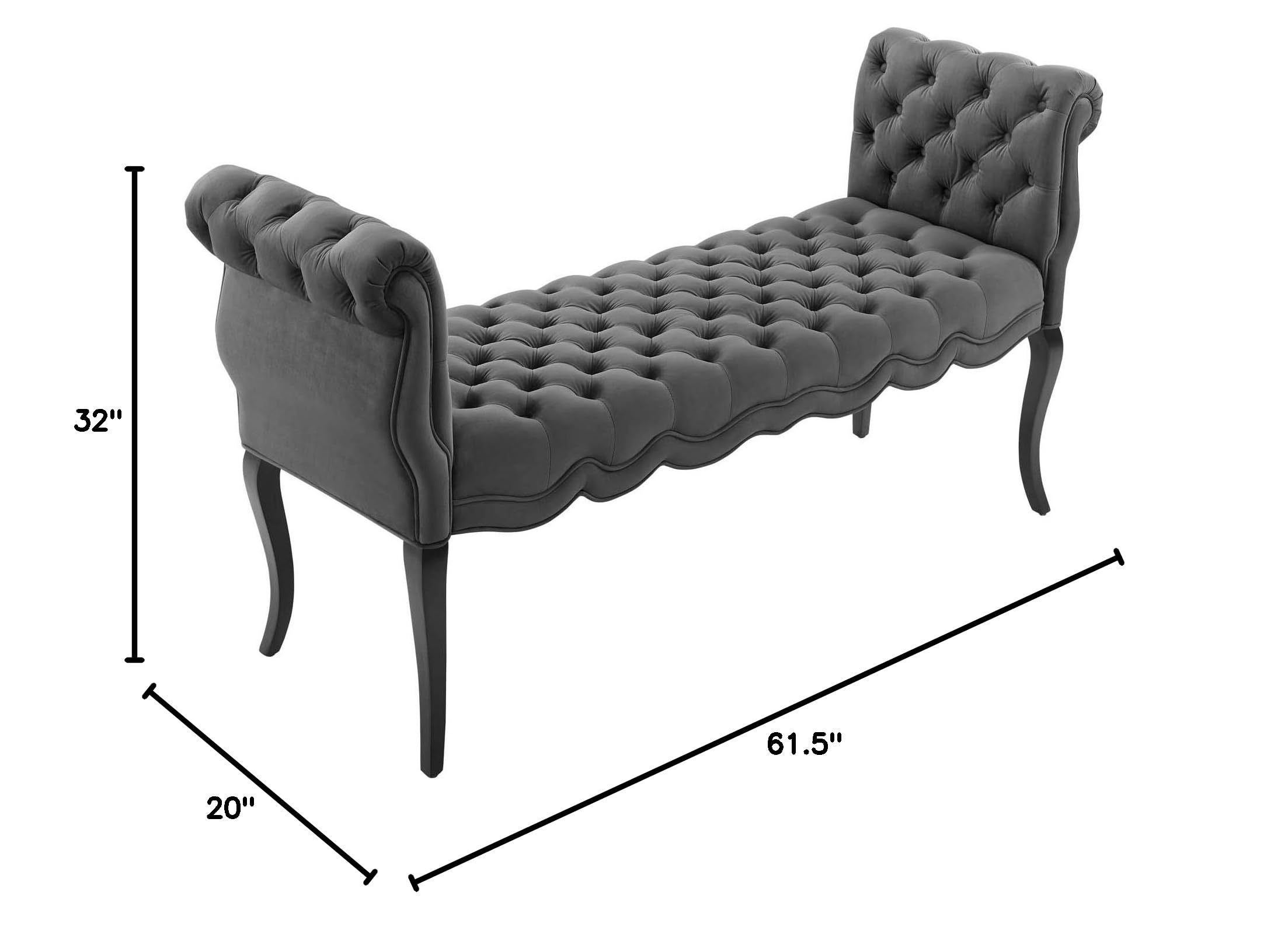 Modway Adelia Chesterfield Style Performance Velvet Entryway Bench in Gray - Elegant Sofa Bench for Living Room, Bedroom & Hallway Decor