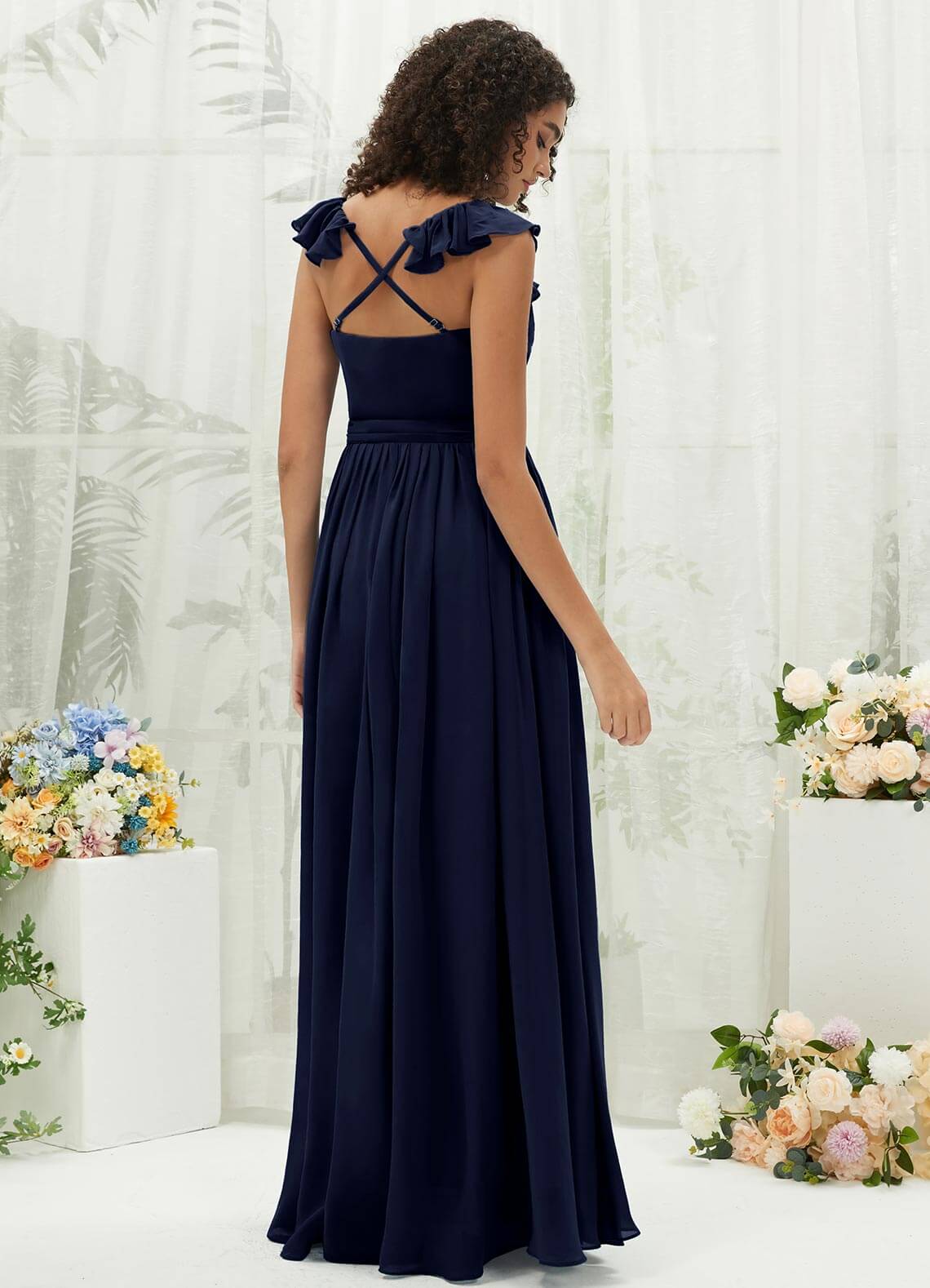 Elegant Dark Navy Chiffon Bridesmaid Dress with Ruffle Cross Straps & V-Neck Wrap Design - Perfect for Weddings, Formal Events & Special Occasions