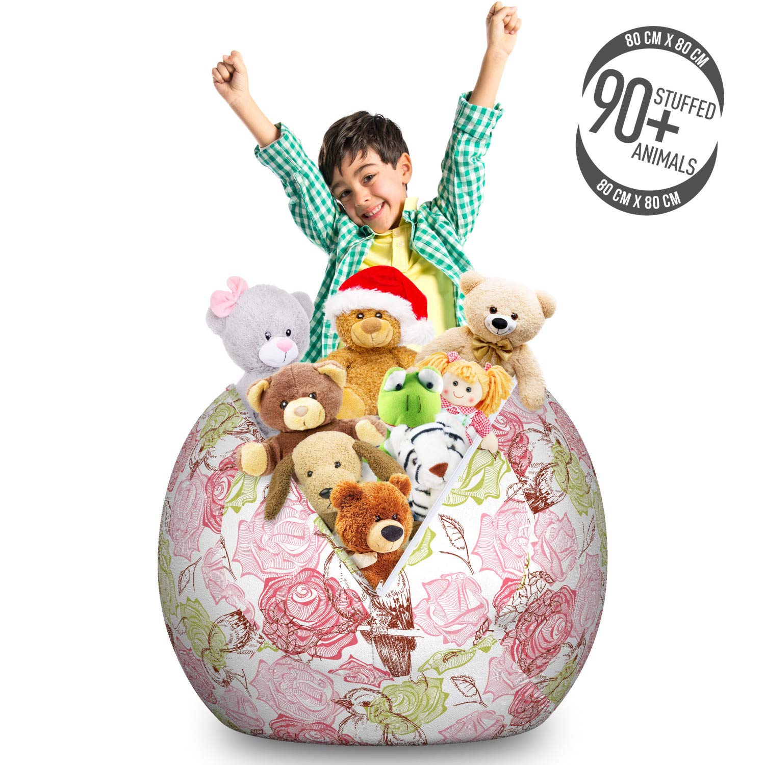 Ambesonne Floral Storage Toy Bag Chair - Large Washable Stuffed Animal Organizer with Bird & Cherry Blossom Design | Kids Room Decor, Playroom Storage, Nursery Organization