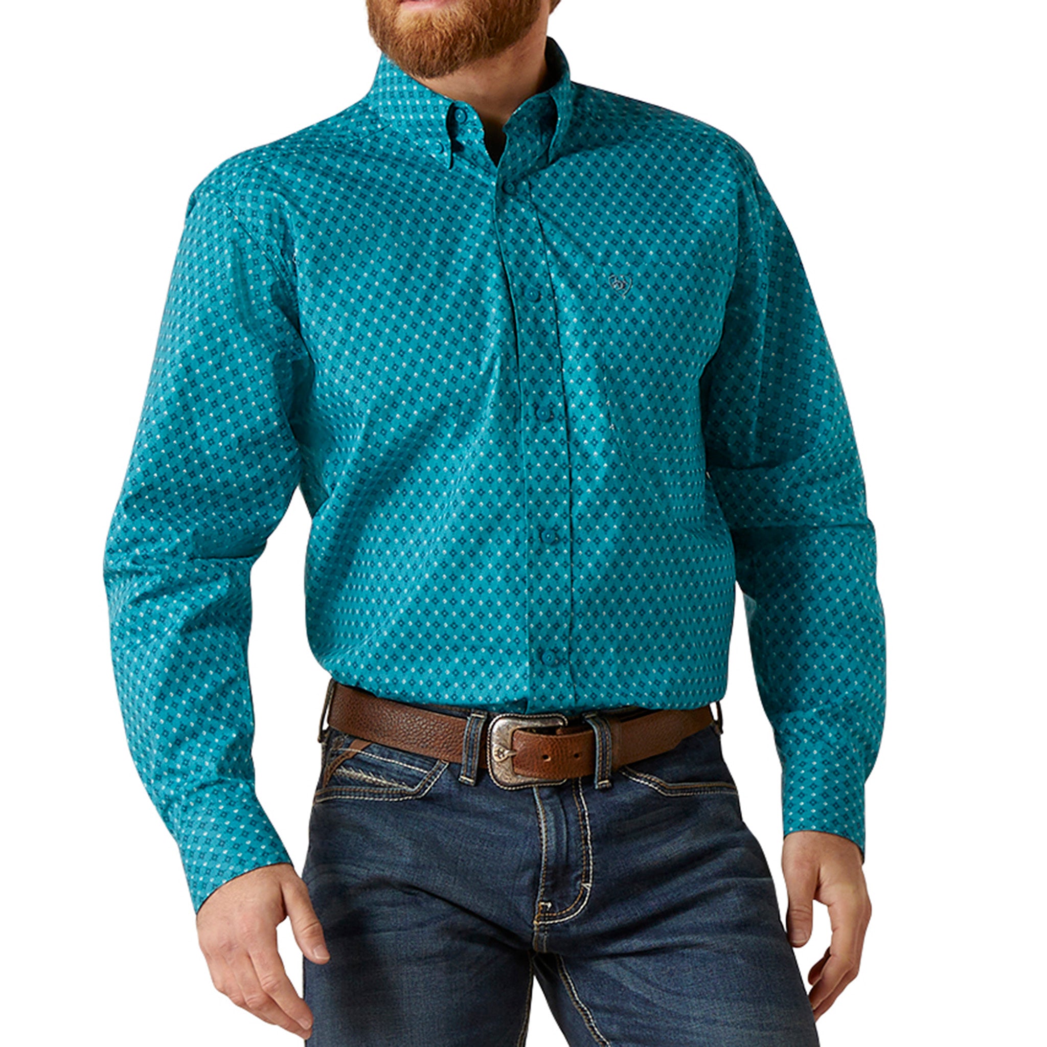 Ariat Men's Western Teal Diamond Print Long Sleeve Shirt for Cowboy, Rodeo, and Casual Wear | Comfortable & Stylish Ranch Shirt for Outdoor Activities