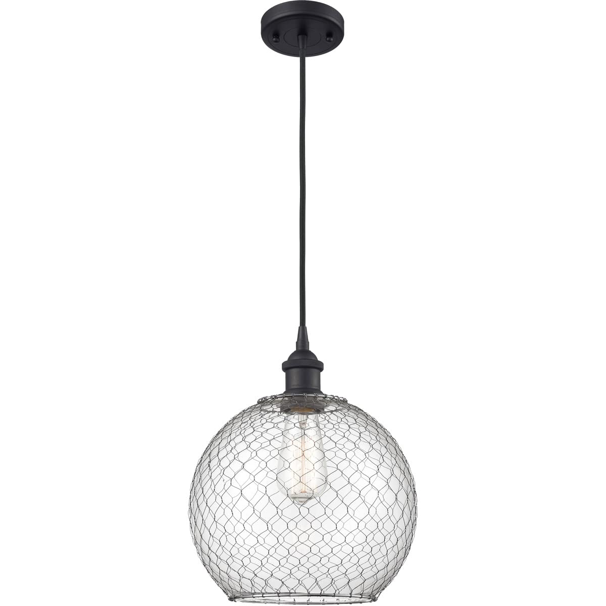 Large Farmhouse Chicken Wire 1-Light Mini Pendant - Matte Black - Ballston Collection - LED Lighting for Kitchen Island, Dining Room & Rustic Decor