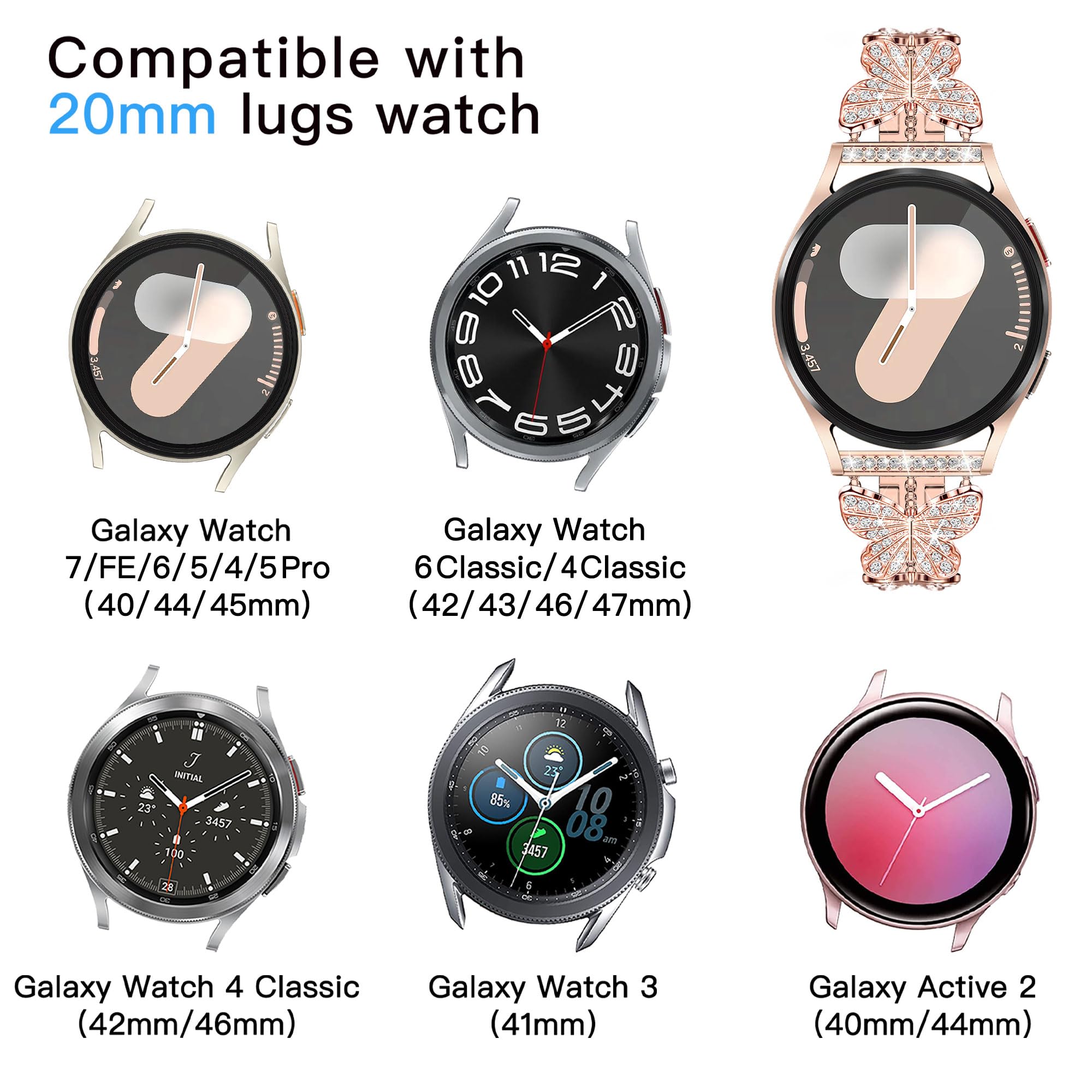 Samsung Galaxy Watch 7/6/5/4 Strap 20mm - Bling Metal Band for Women - Gym & Party Wear