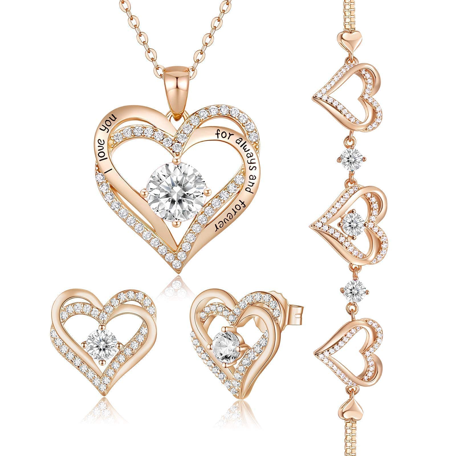 Forever Love Heart Jewelry Set for Women - Necklace, Bracelet & Earrings - Valentine's Day, Christmas, Birthday Gift for Wife, Mom, Girlfriend - Perfect for Anniversaries, Date Nights & Special Occasions