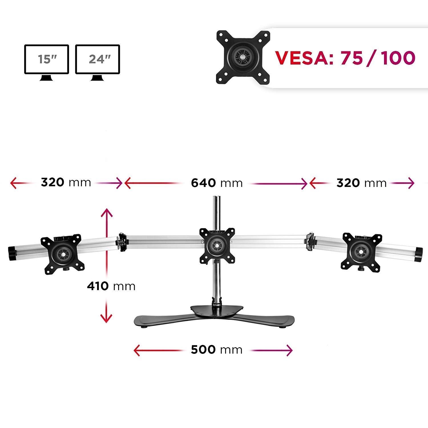 Duronic DM753 Triple Freestanding Monitor Arm Stand - Holds 3 Screens 15-24 Inch, 8kg Each, VESA 75/100 Compatible - Black | Perfect for Home Office, Gaming Setup & Multi-Monitor Workstations