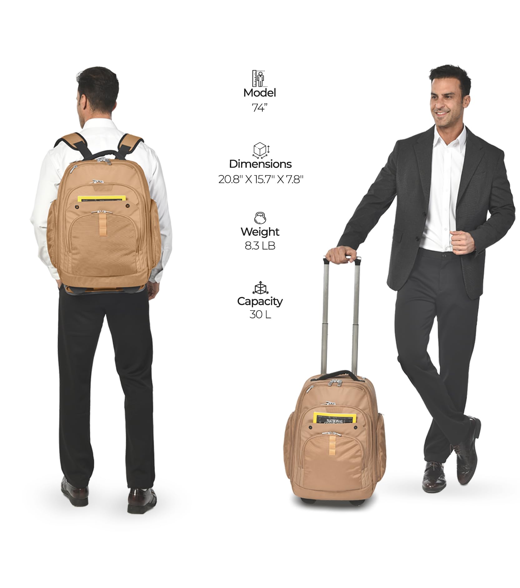 Rolling Laptop Bag with Wheels - Adjustable 13-17.3 Inch Wheeled Computer Backpack for Men & Women, Carry-on Travel Work Bag - Perfect for Business Trips, Commuting & Airplane Travel