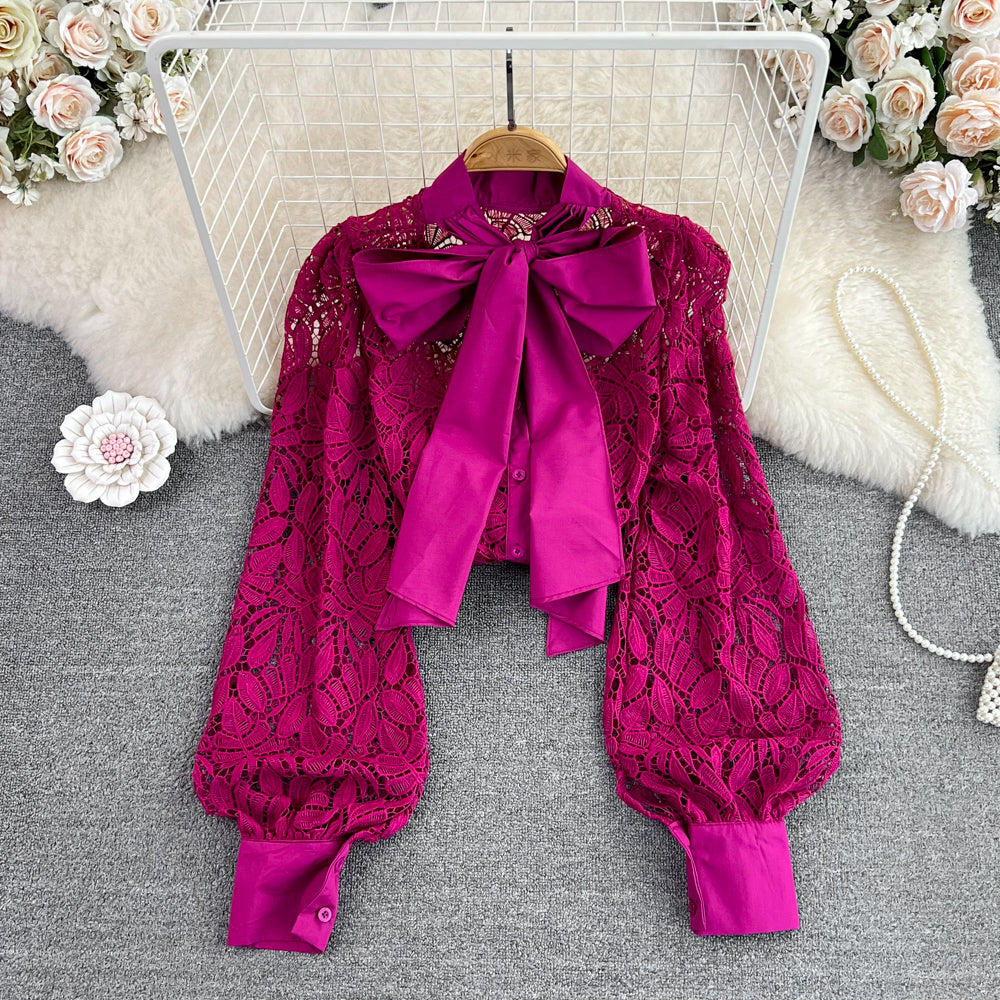 Elegant Long Sleeve Bow Knot Loose Lace Blouse Top for Women - Romantic Flowy Shirt for Office, Date Night & Special Occasions