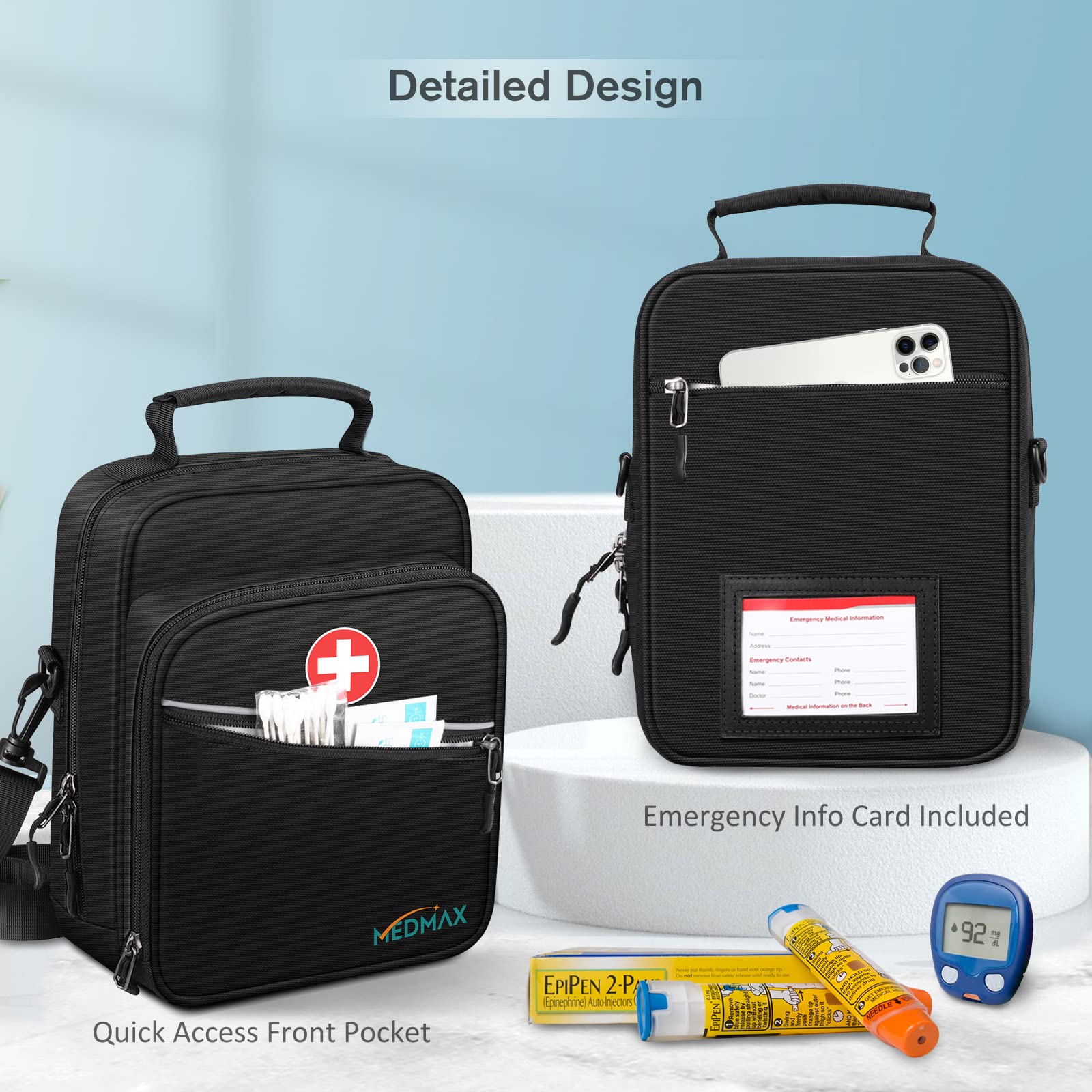 Insulated Insulin Cooler & EpiPen Carrying Case - Travel Medication Organizer Bag with Shoulder Strap for Diabetes Supplies, Asthma Inhaler, Auvi-Q & Allergy Medicine (Black) - Perfect for Travel, Daily Use & Emergency Preparedness