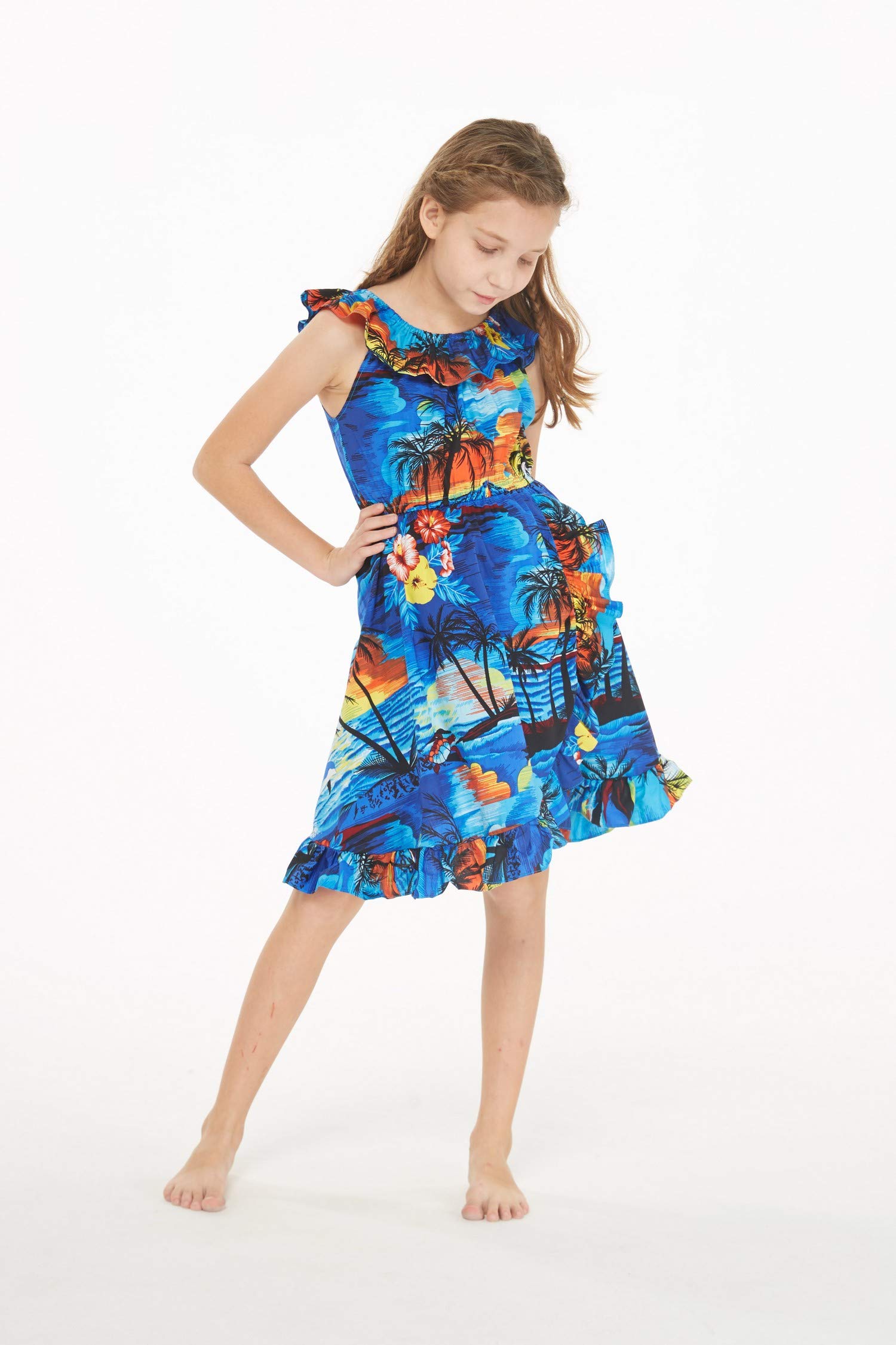 Vintage Tropical Toile Luau Wrap Ruffle Dress for Girls - Perfect for Hawaiian Themed Parties, Beach Vacations & Summer Photoshoots