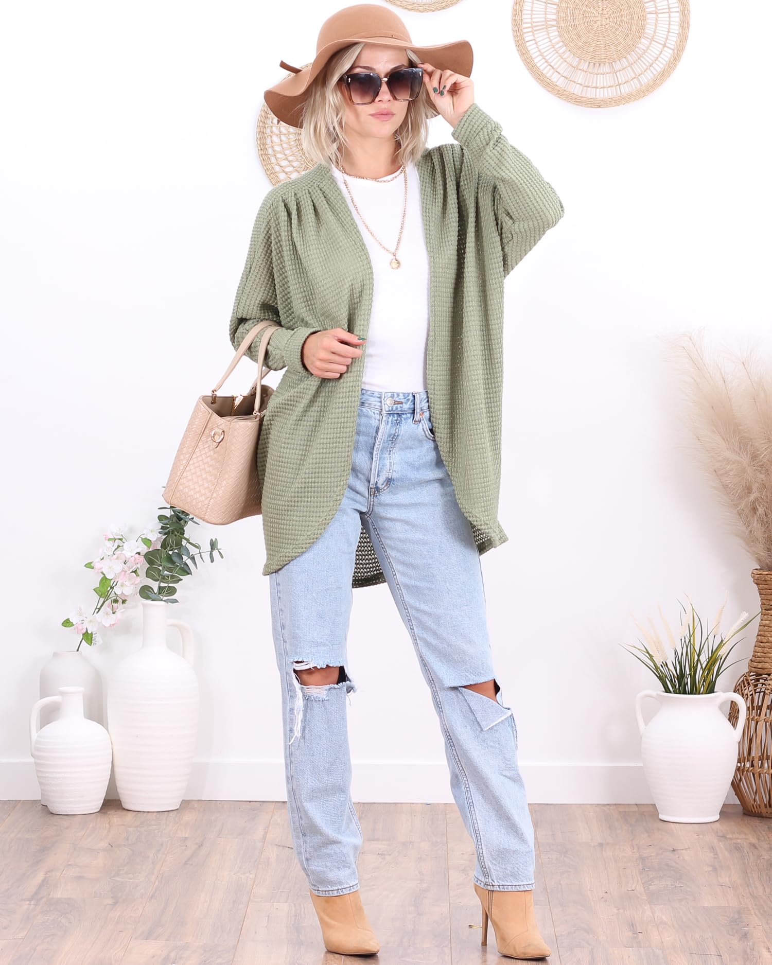 Popana Long Oversized Fall Batwing Waffle Knit Cardigan Sweater for Women with Pockets - Plus Size Cozy Loungewear for Autumn & Winter - Perfect for Casual Outfits, Work from Home & Coffee Dates