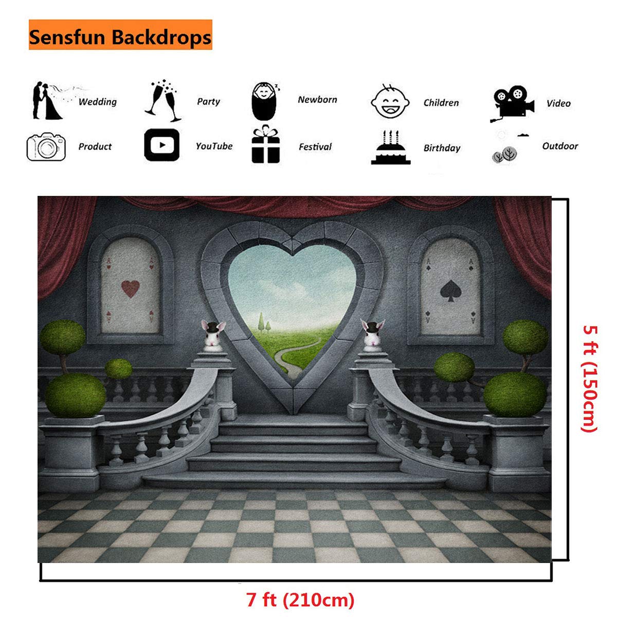7x5ft Queen's Castle Photography Backdrop - Alice in Wonderland Theme Party Decor for Baby Showers, Birthday Parties, Cake Tables & Photo Booths | Sensfun Studio Props