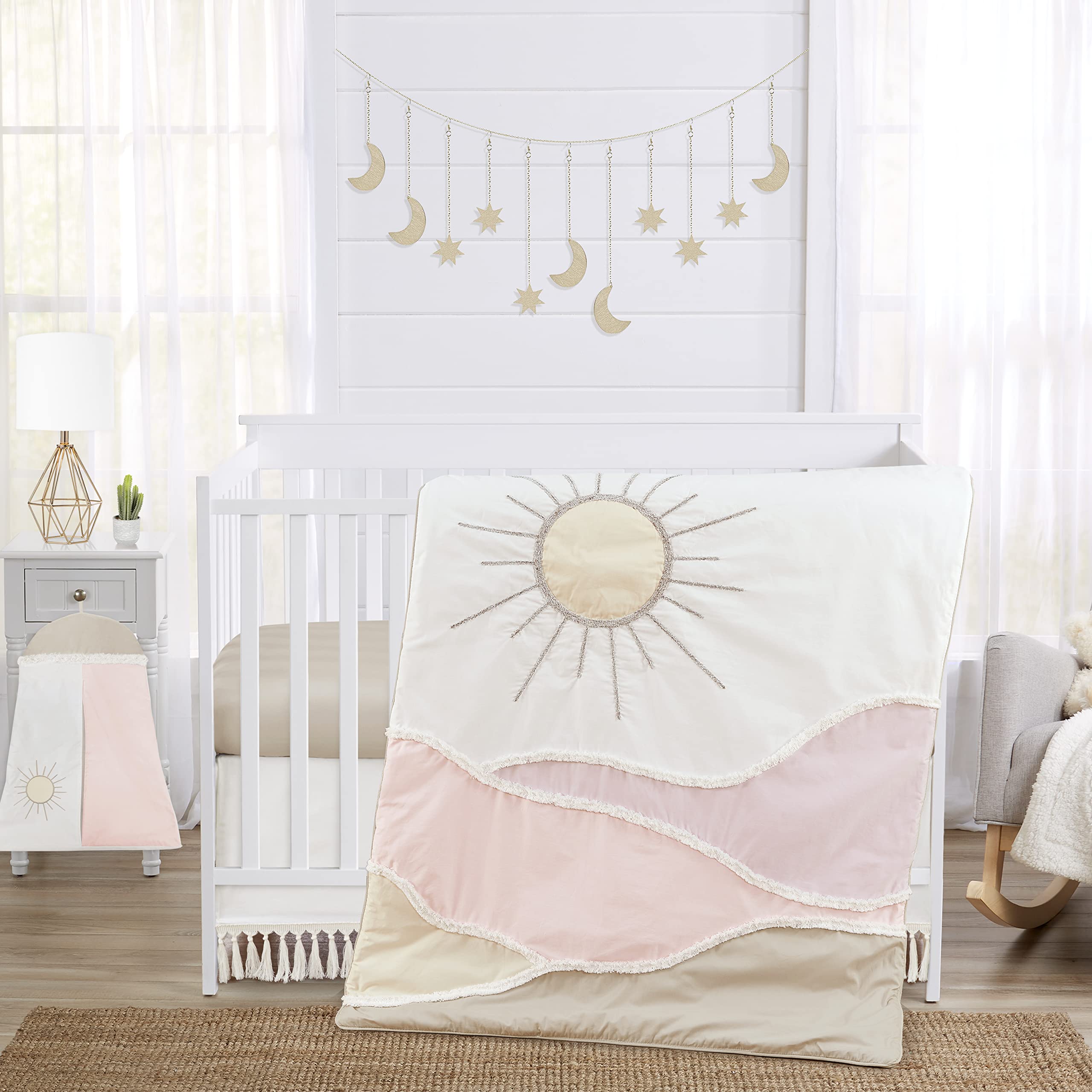 Sweet Jojo Designs Boho Desert Sun Baby Girl Nursery Crib Bedding Set - 4 Piece Cotton Crib Set in Blush Pink, Mauve, Gold, Ivory & Taupe - Bohemian Southwest Nature Theme with Geometric Patterns & Tassels - Perfect for Boho Chic Nursery, Baby Shower Gift & Newborn Photo Shoots
