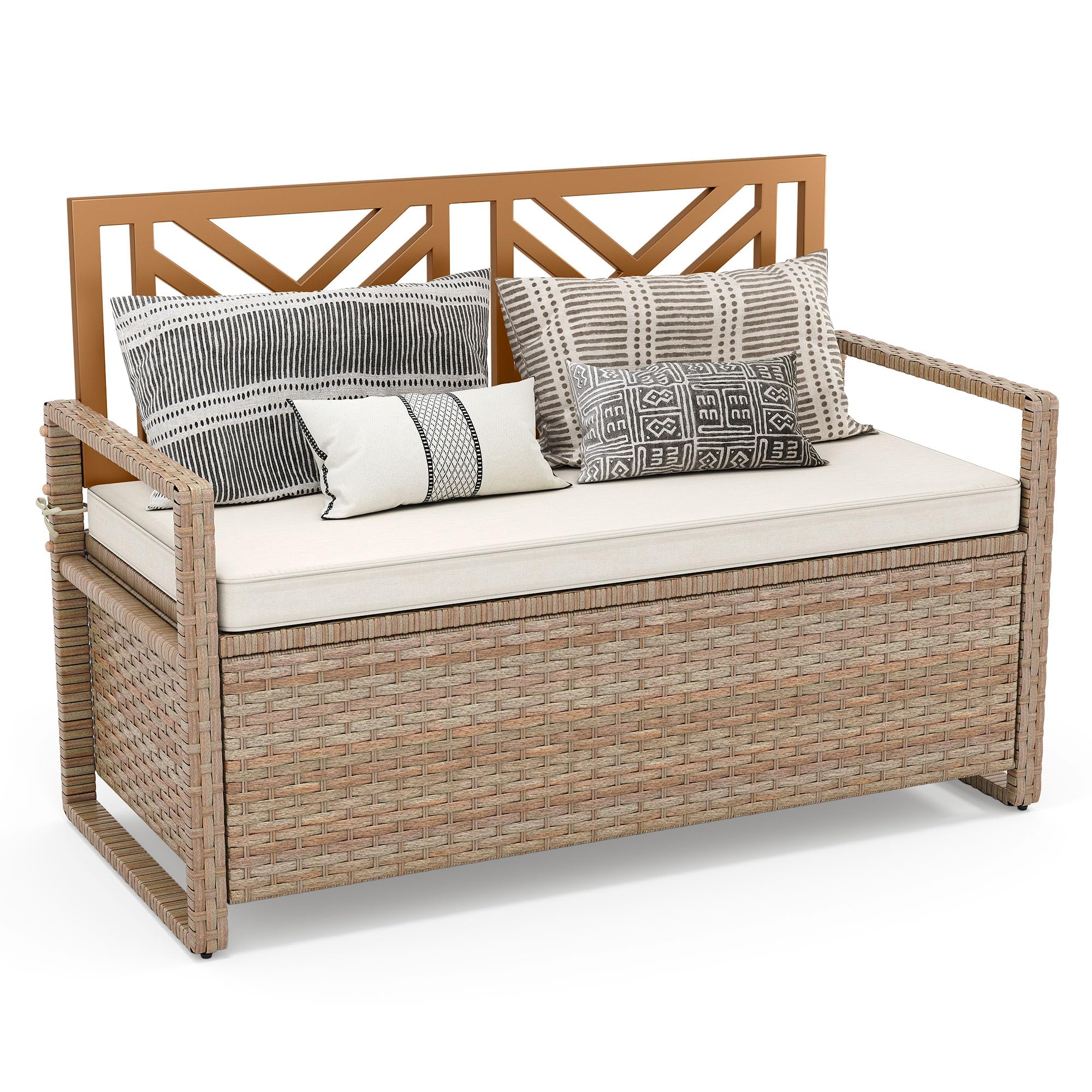 YITAHOME 70 Gallon Outdoor Storage Bench - All-Weather PE Rattan Deck Box with Seat, Waterproof Patio Furniture for Cushions, Pool Toys & Garden Tools - Teak Color - Perfect for Backyard, Deck & Poolside Storage