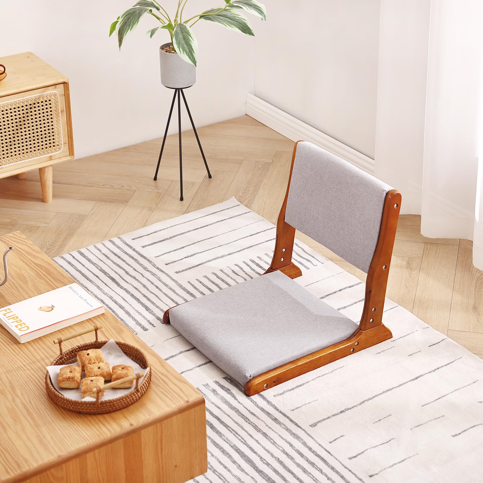 Foldable Tatami Floor Chair - Japanese Style Wooden Legless Backrest with Cushion - Meditation & Accent Seating for Bay Window, Living Room & Zen Decor - Walnut Grey