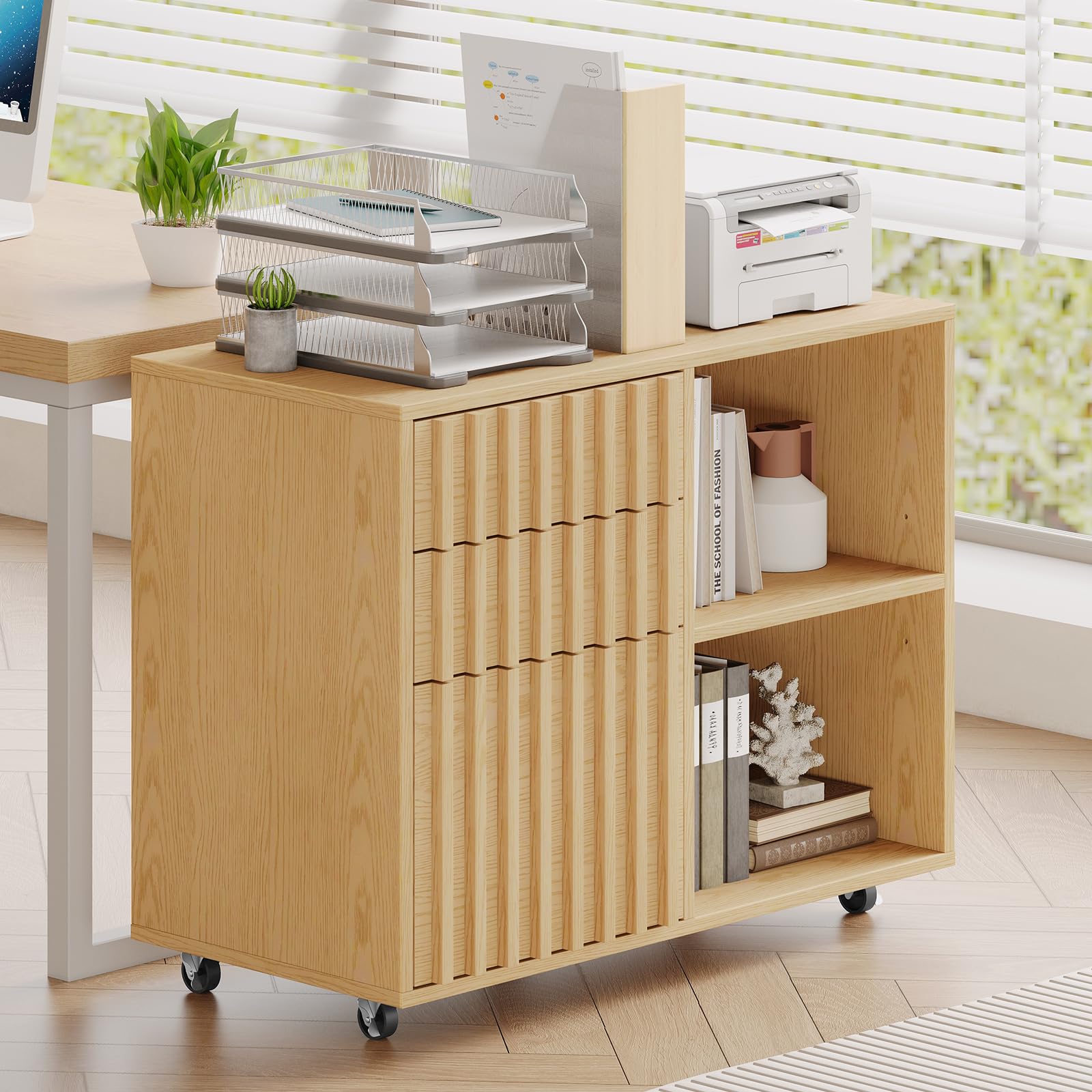 3 Drawer Wooden File Cabinet with Adjustable Shelf - Fluted Lateral Filing Cabinet for Letter & A4 Size Documents - Natural Oak Home Office Storage Solution - Perfect for Organizing Files, Printer Stand & Office Supplies in Workspaces