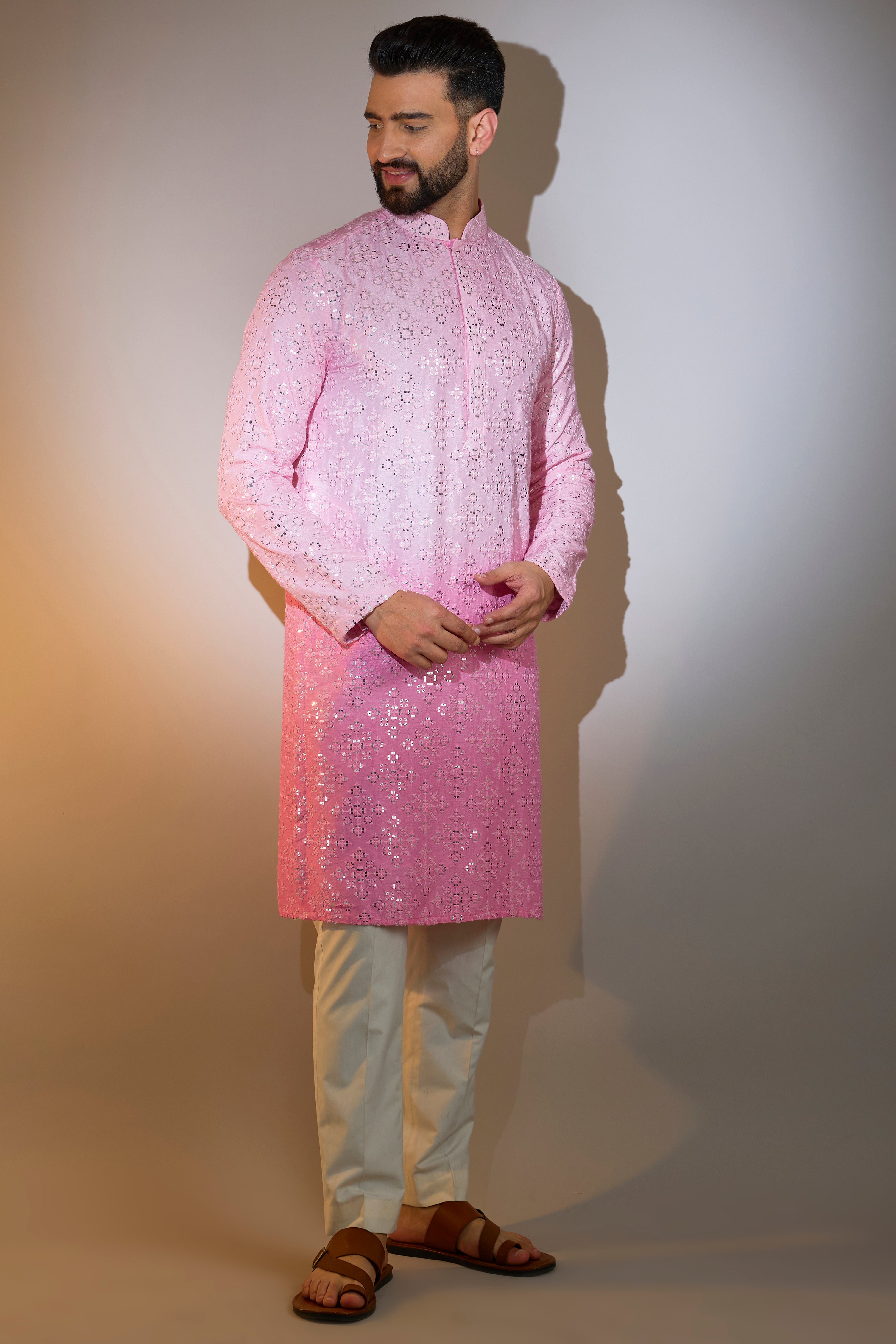 Stylish Pink Ombre Shaded Mirror Work Kurta for Women - Perfect for Festivals, Weddings & Ethnic Parties