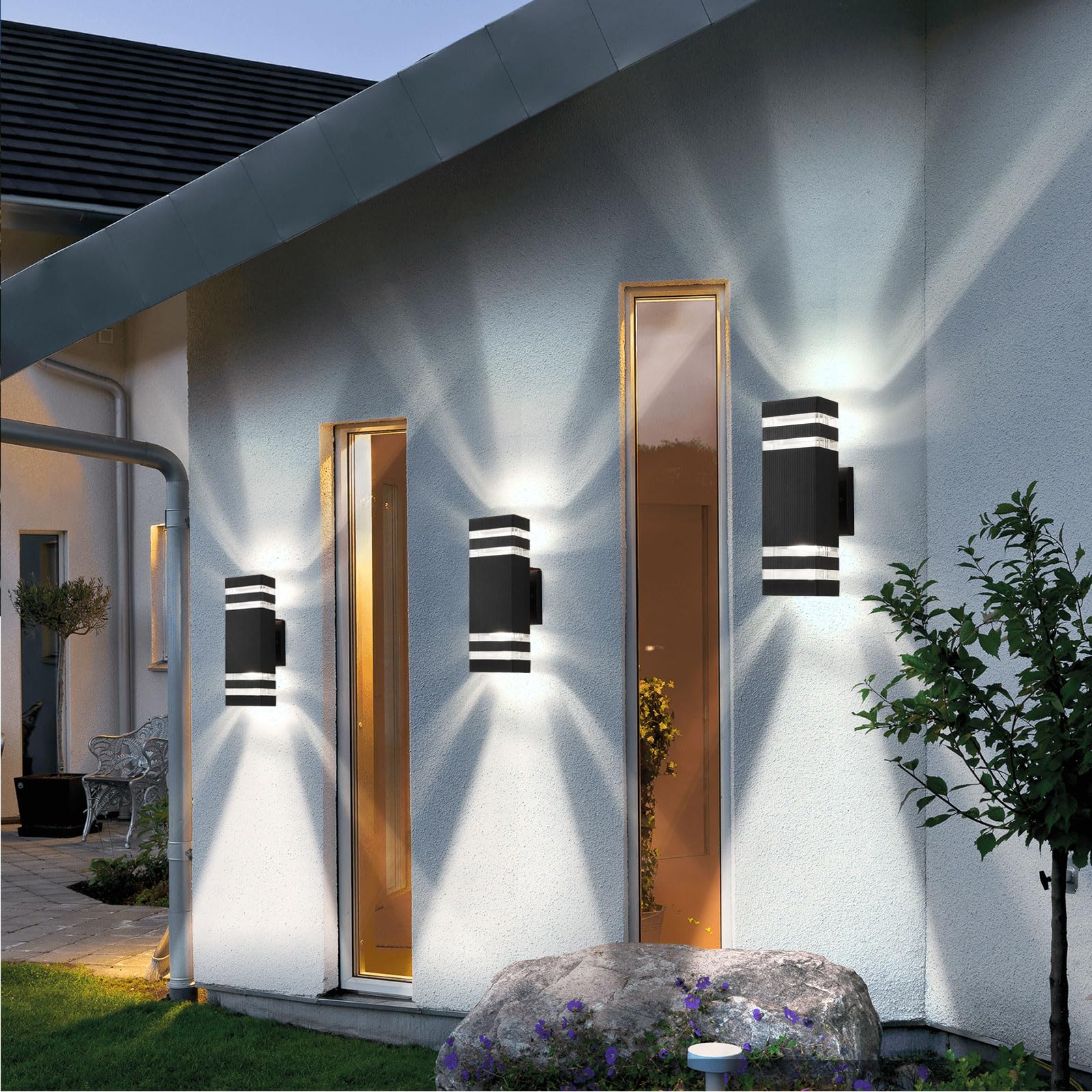 6 Pack Outdoor Wall Lights - Black Modern Waterproof Aluminum Exterior Light Fixtures for House, Garage & Porch | Up and Down Wall Sconces with 2-Layer Design | Perfect for Outdoor Entryway, Patio, Garden and Driveway Lighting