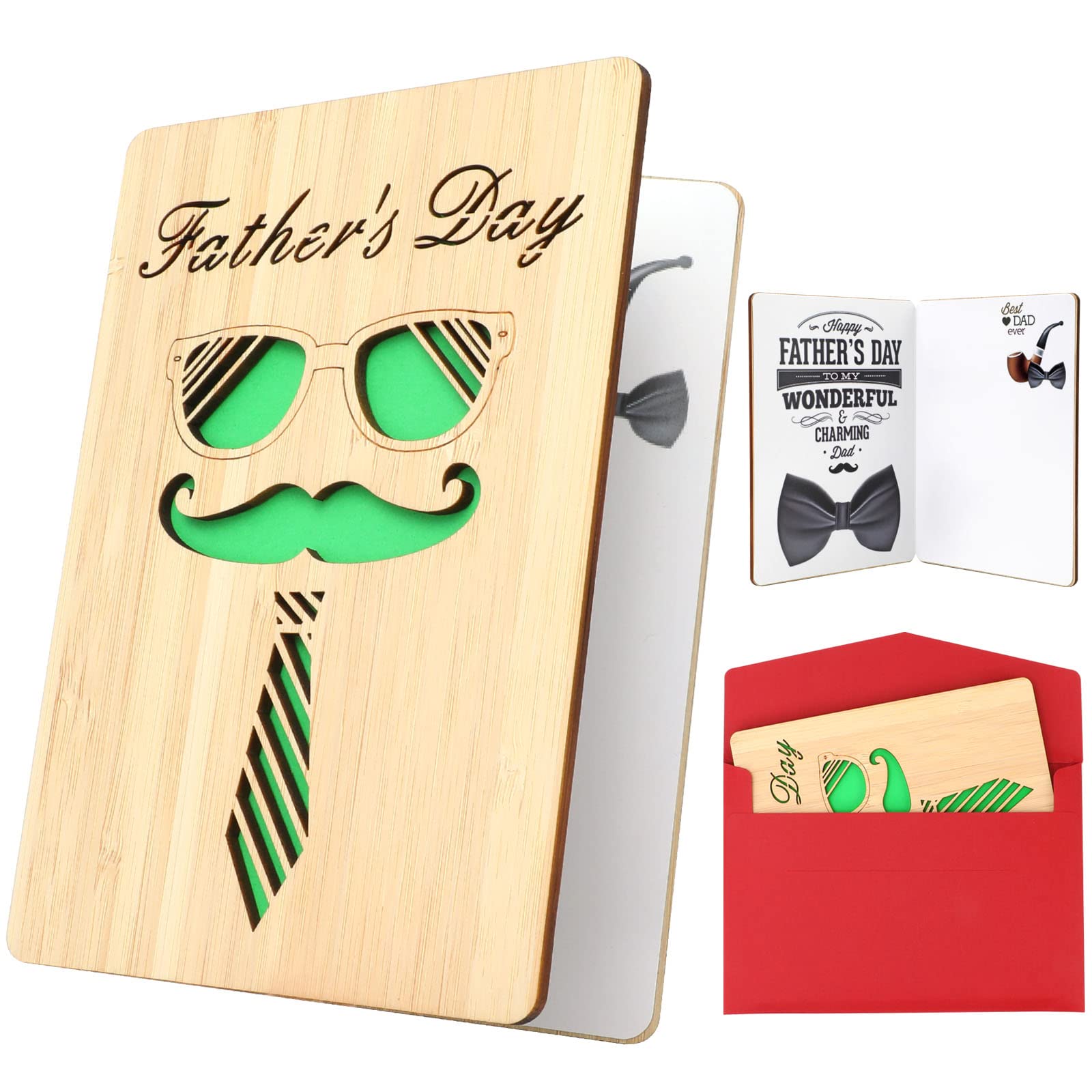 Handmade Bamboo Wooden Greeting Card for Dad - Unique Father's Day & Birthday Gift with Tie Print - Perfect for Dad & Grandpa - Great for Father's Day Celebrations, Office Decor & Special Occasion Gifts
