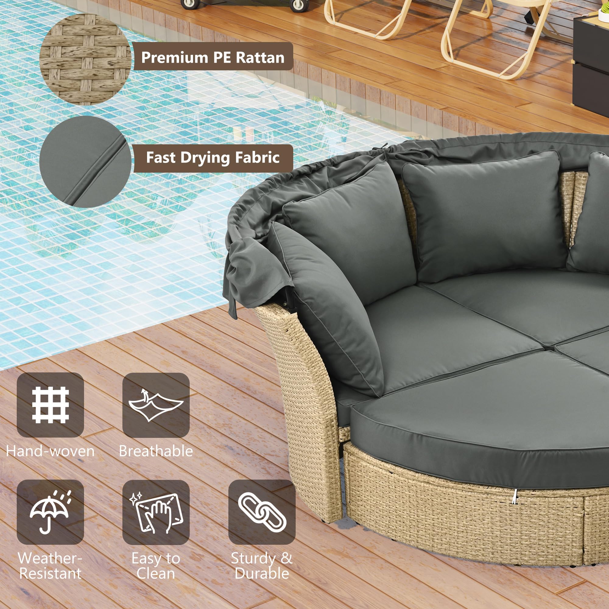 Merax Outdoor Patio Wicker Rattan Double Daybed Round Sofa Set with Retractable Canopy & 4 Pillows - Grey - Perfect for Garden, Backyard, Porch, Poolside Relaxation & Sunbathing