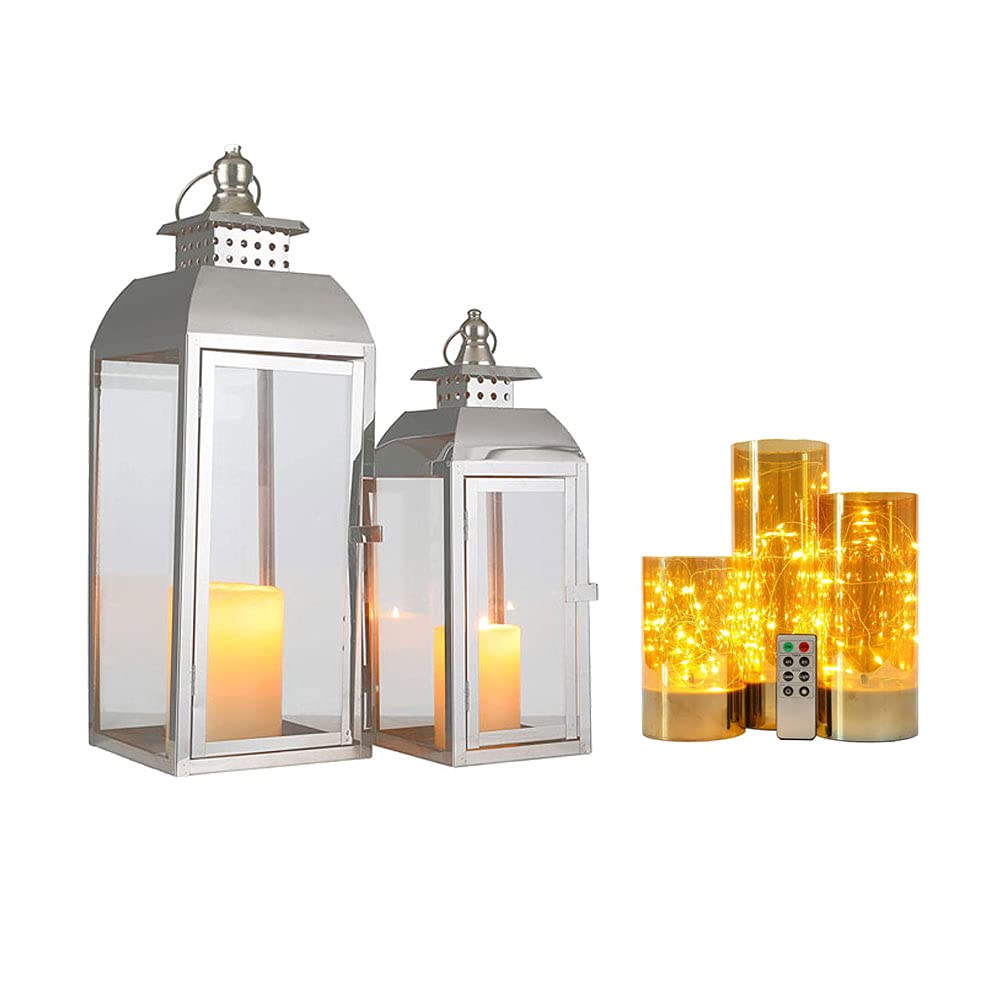 JHY DESIGN Set of 2 Vintage Style Stainless Steel Hanging Lanterns - 20.5