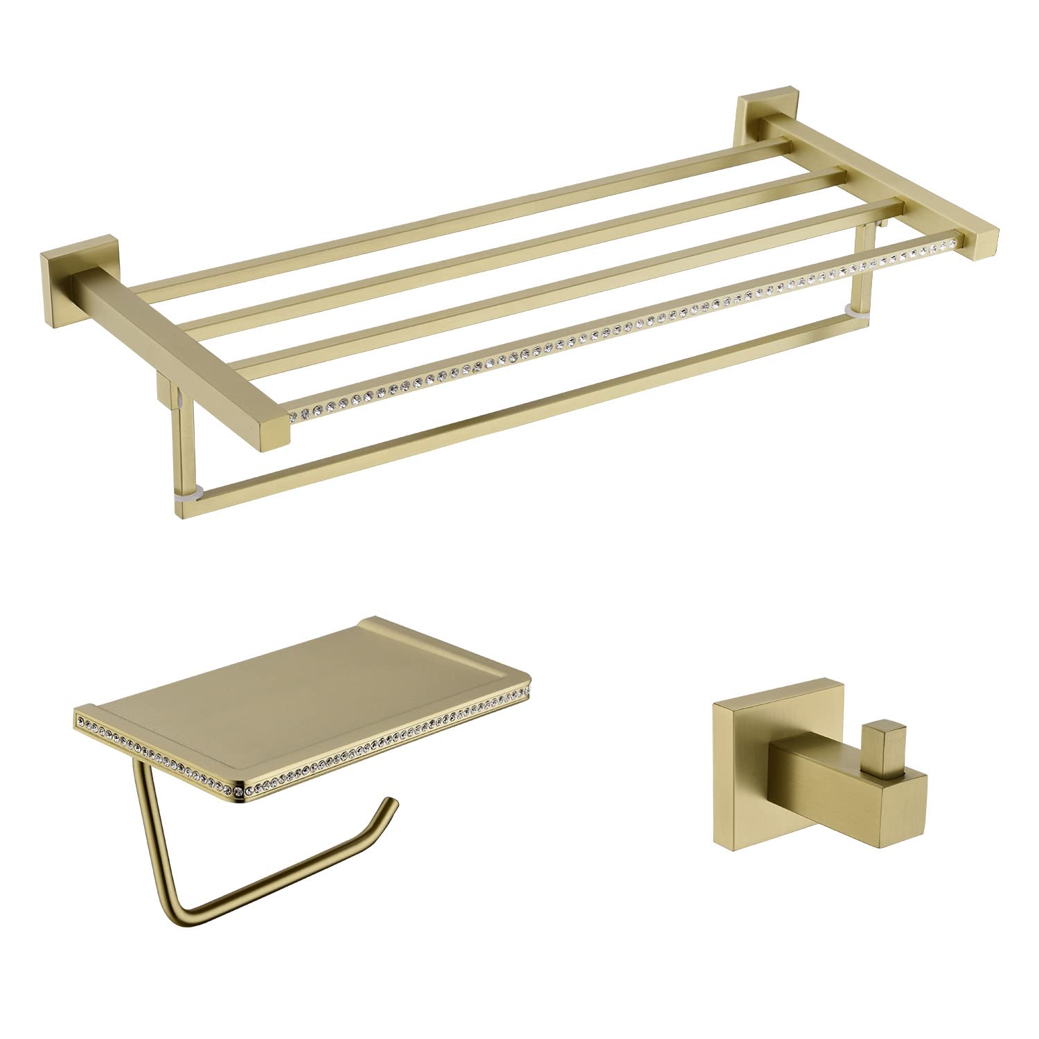3-Piece Bathroom Hardware Set - Brushed Gold Wall Mount Towel Bar, Robe Hook & Toilet Paper Holder | Modern Bathroom Accessories for Home & Hotel Decor