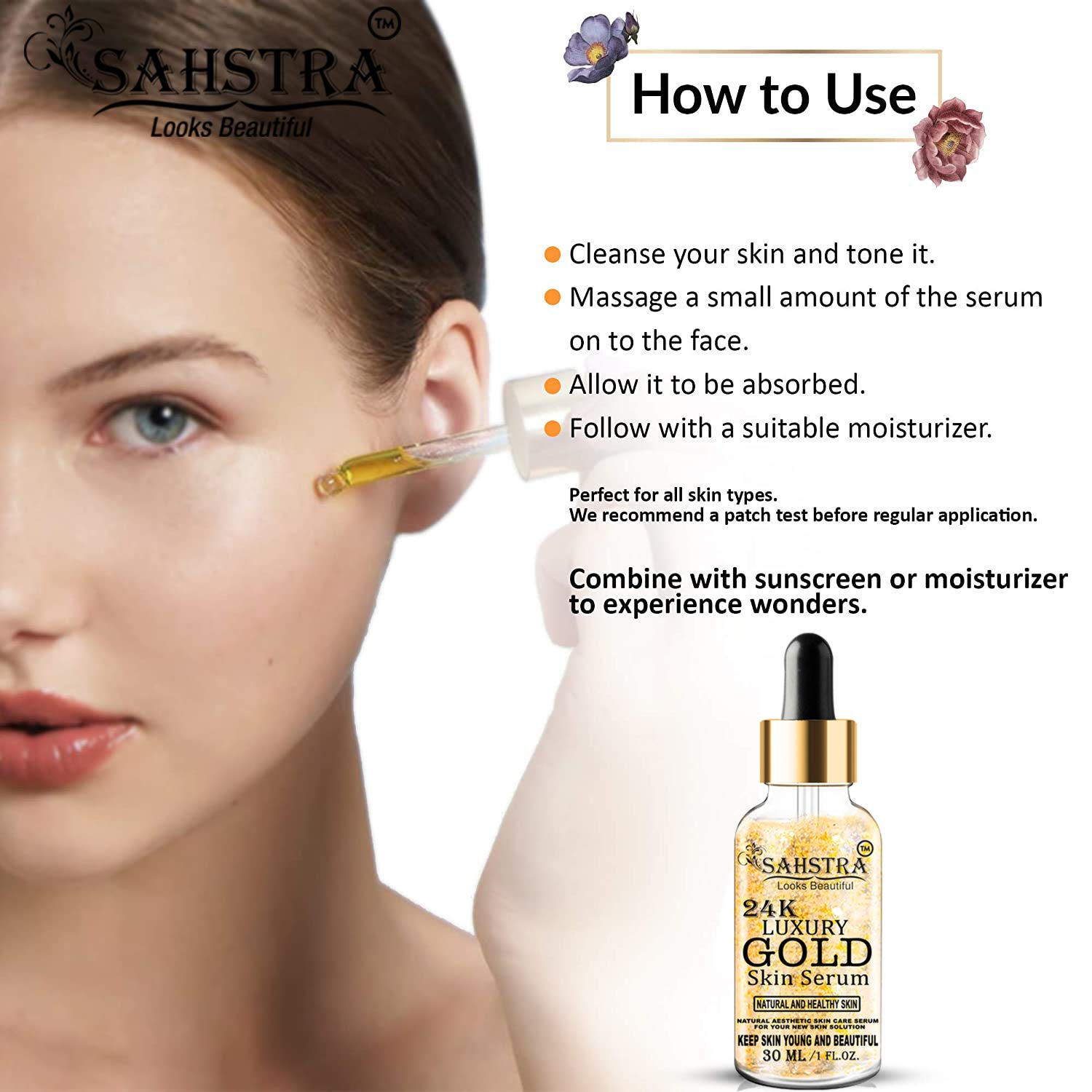 SAHSTRA 24K Gold Facial Serum - Anti-Aging Skin Booster for Women & Men (30ml) | Hydrating & Brightening Face Treatment for Glowing Skin | Day & Night Skincare Routine