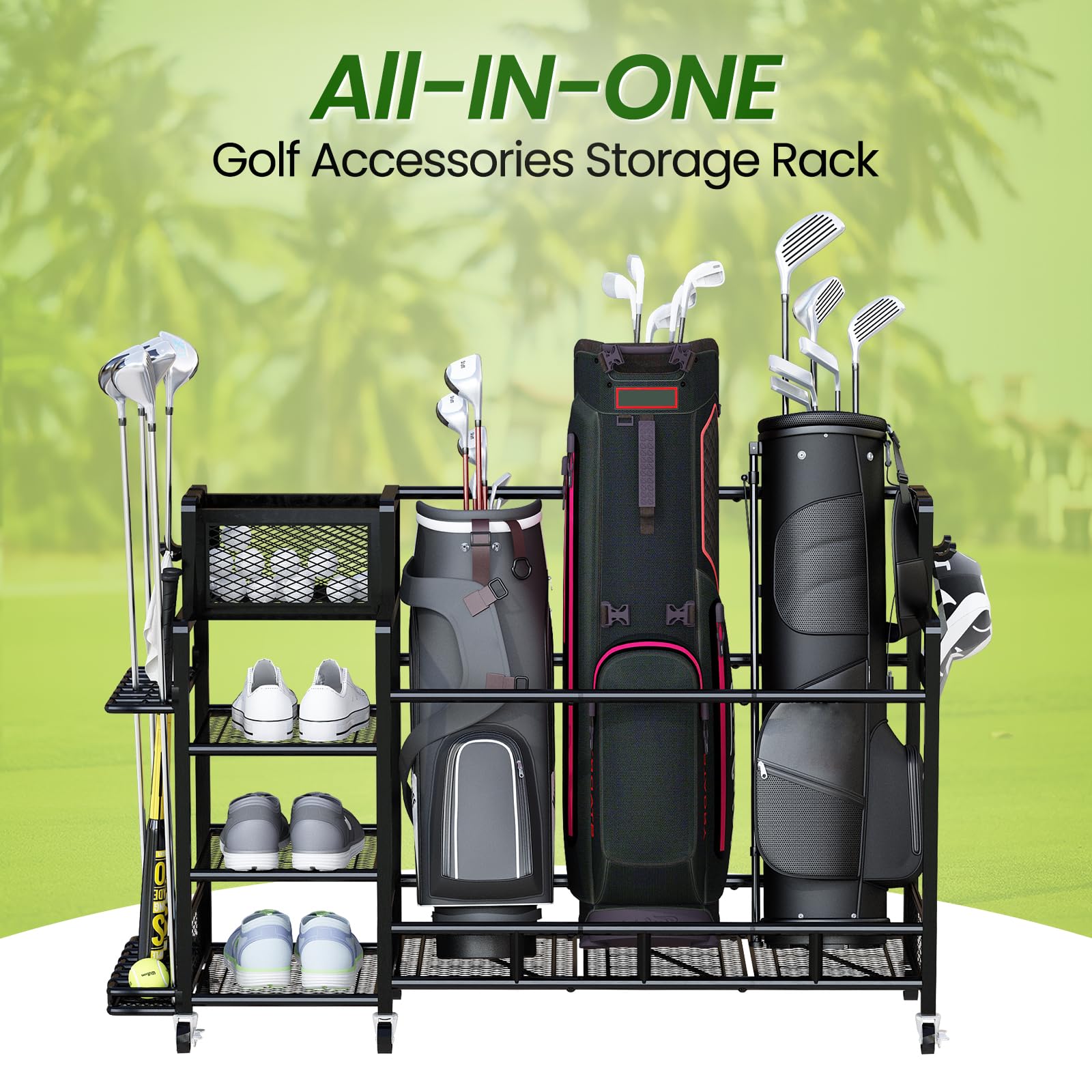 Recaceik Large Golf Storage Organizer with Wheels - Metal Golf Bag Stand & Accessories Rack for Garage, Shed, Basement (Black) | Perfect for Golf Club Storage & Organization in Home, Garage or Outdoor Spaces