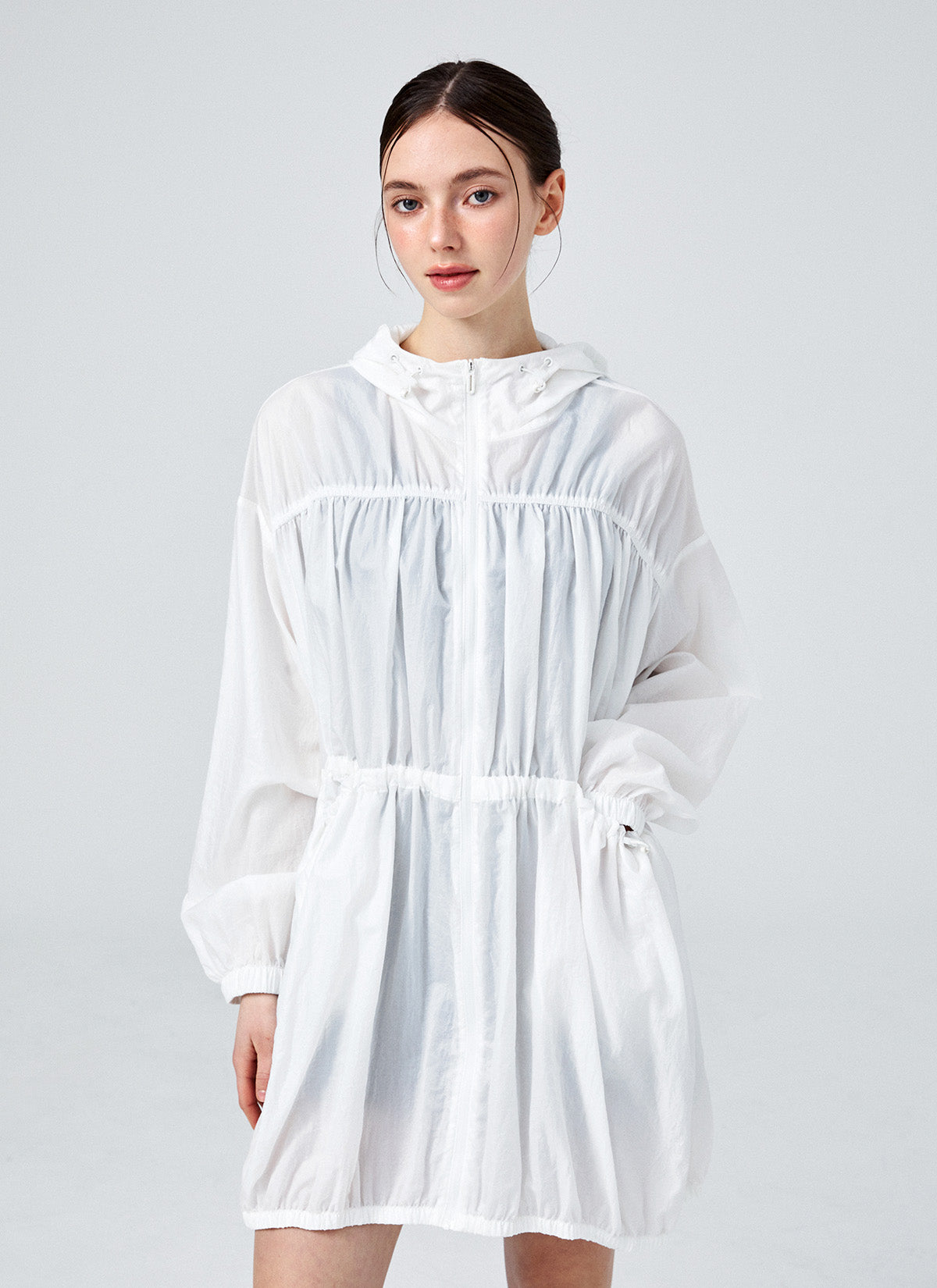 Stylish Airy Balloon Shirring Hood Long Jacket for Women - Trendy Oversized Outerwear for Casual Outings & Streetwear Fashion