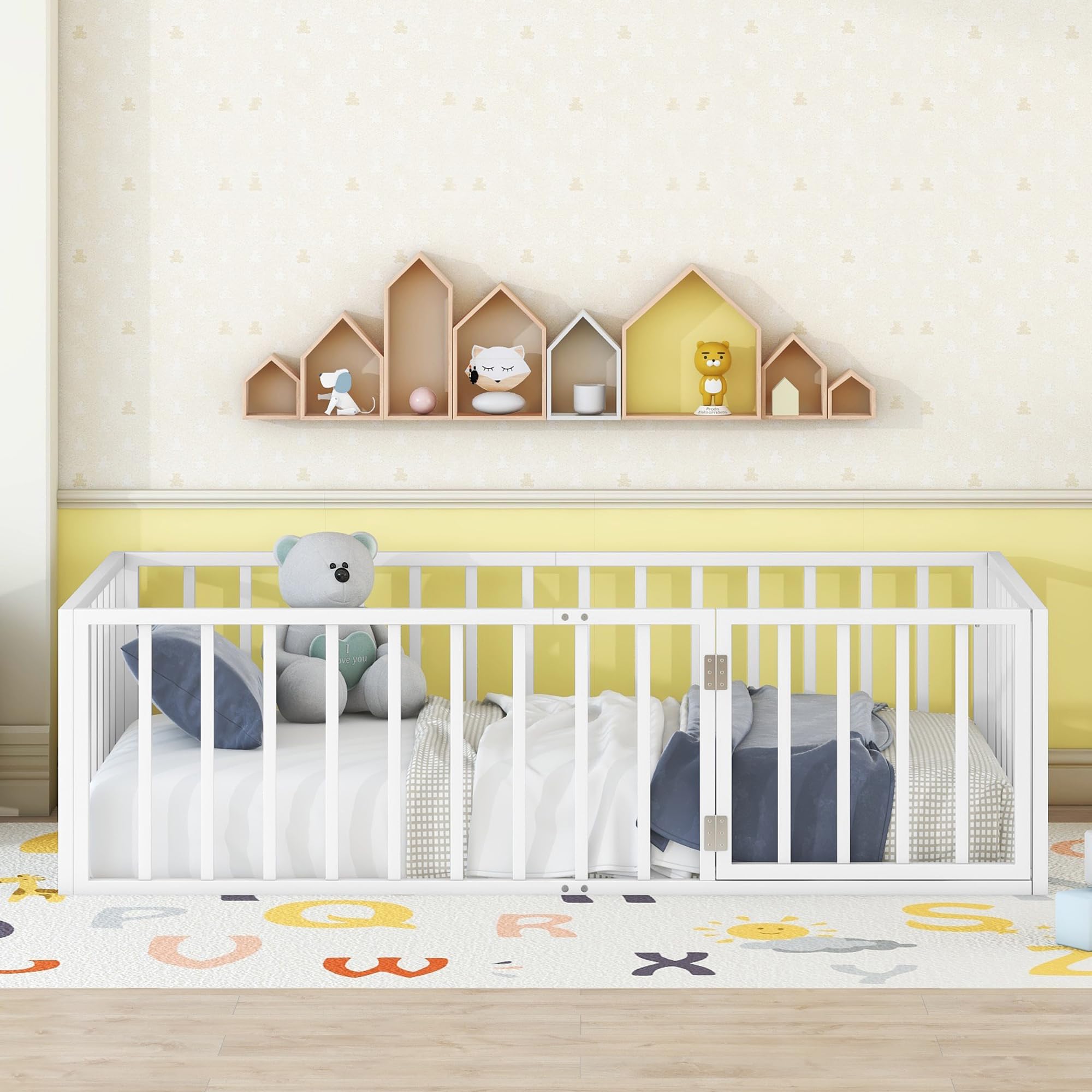 Bellemave Twin Floor Bed for Kids - Montessori Style Wooden Bed with Door, Low Profile Toddler Bed for Boys & Girls, Sturdy Metal Frame (White) - Perfect for Montessori Bedrooms, Daycare Centers & Safe Toddler Sleep Spaces
