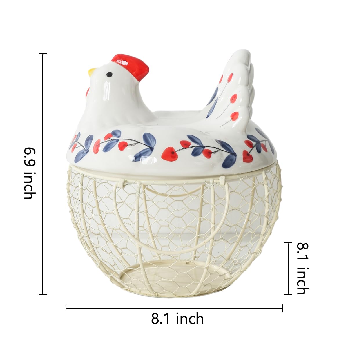 Ceramic Chicken Egg Holder with Wire Basket - Decorative Countertop Egg Storage for 2 Dozen Eggs - Perfect for Farmhouse Kitchens, Breakfast Buffets & Fresh Egg Display