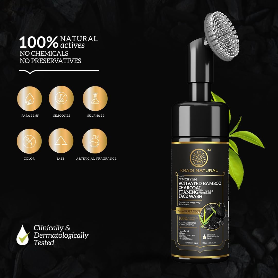 Khadi Natural Activated Bamboo Charcoal Foaming Face Wash with Built-in Brush | Anti-Pollution & Exfoliating Cleanser | Deep Pore Cleansing for Acne & Blackheads | Powered by Botanics (150ml) | Perfect for Daily Skincare Routine & Travel