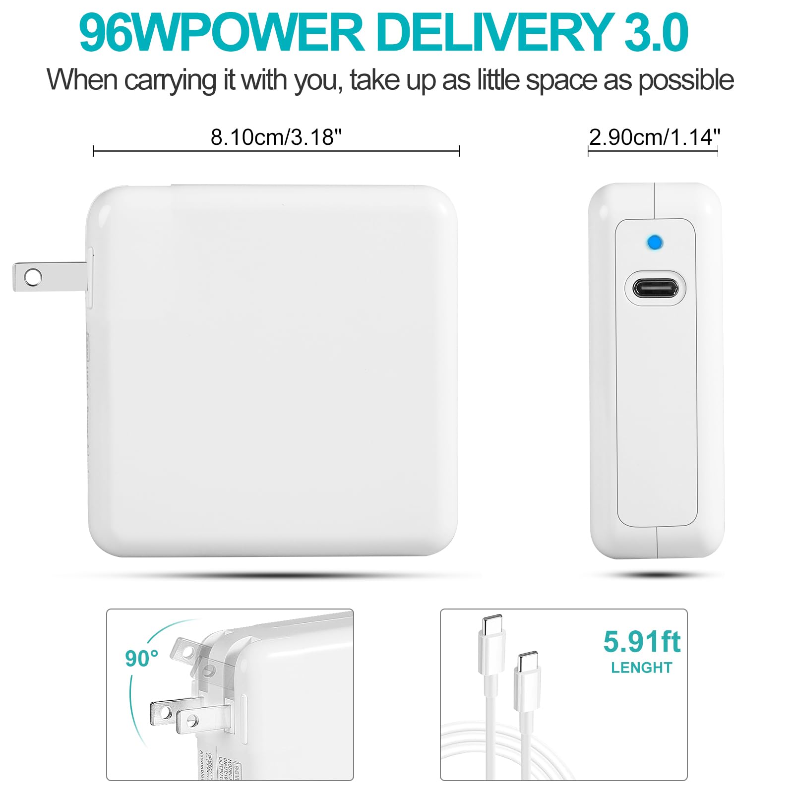 Original Title: MacBook Pro Charger ATLZXL 96W USB C Charger Power Adapter Compatible with MacBook Pro Air 13 14 15 16 inch New ipad Pro and All USB C Device 5.9ft USB-C to C Charge Cable   Optimized Title: **96W USB-C Fast Charger for MacBook Pro/Air 13/14/15/16 inch & iPad Pro - ATLZXL Power Adapter with 5.9ft USB-C to C Cable - Compatible with All USB-C Devices | Perfect for Travel, Office & Home Use**