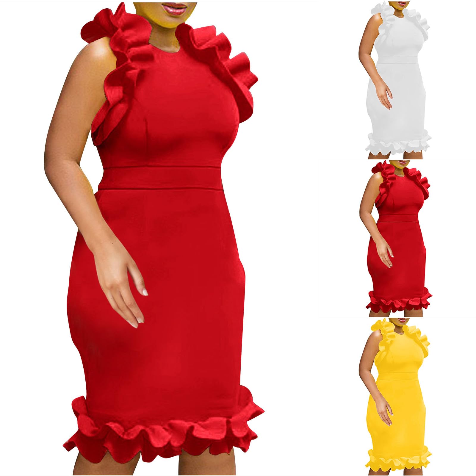 HGps8w Women's Plus Size Office Dress - Elegant Long Ruffle Sleeveless Pencil Midi Dress for Wedding Guest, Formal Party & Business Attire | Perfect for Work, Cocktail Events & Special Occasions