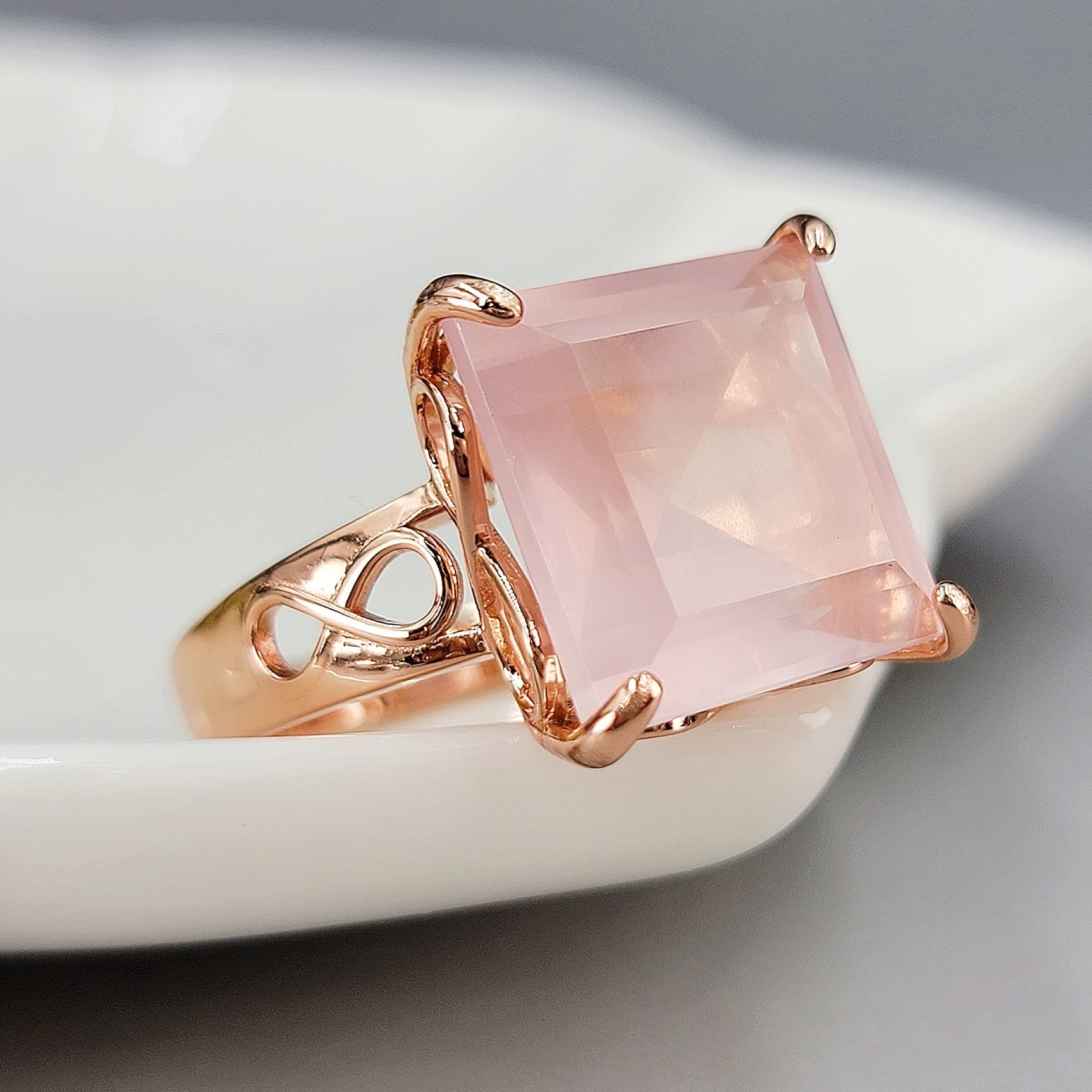 Natural Rose Quartz Infinity Ring - 14mm Cushion Cut Genuine Birthstone Jewelry - 925 Sterling Silver Rose Gold Plated - Perfect for Valentine's Gift, Anniversary Present & Spiritual Healing Jewelry