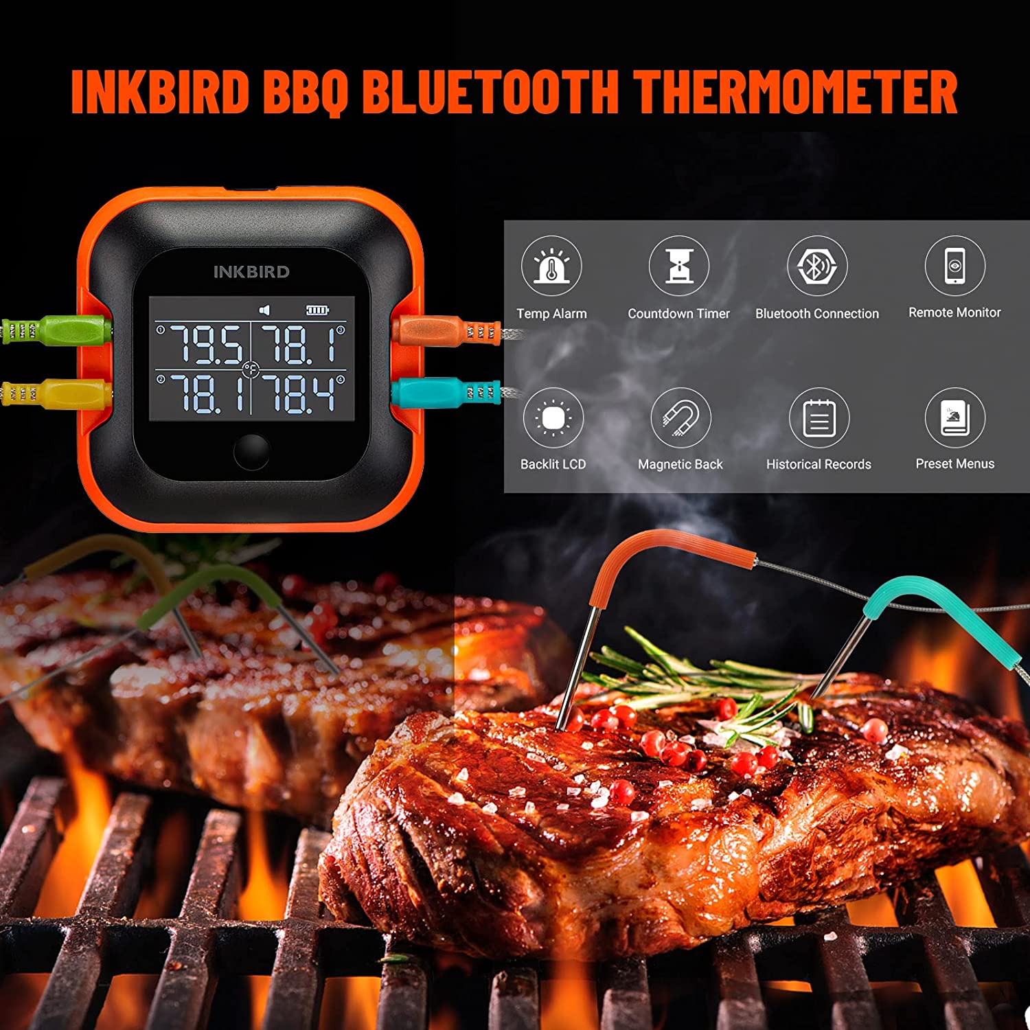 IBT-24S Wireless Bluetooth BBQ Meat Thermometer for Grilling, Smoking, and Cooking – Perfect for Outdoor BBQ, Camping, and Home Kitchen Use