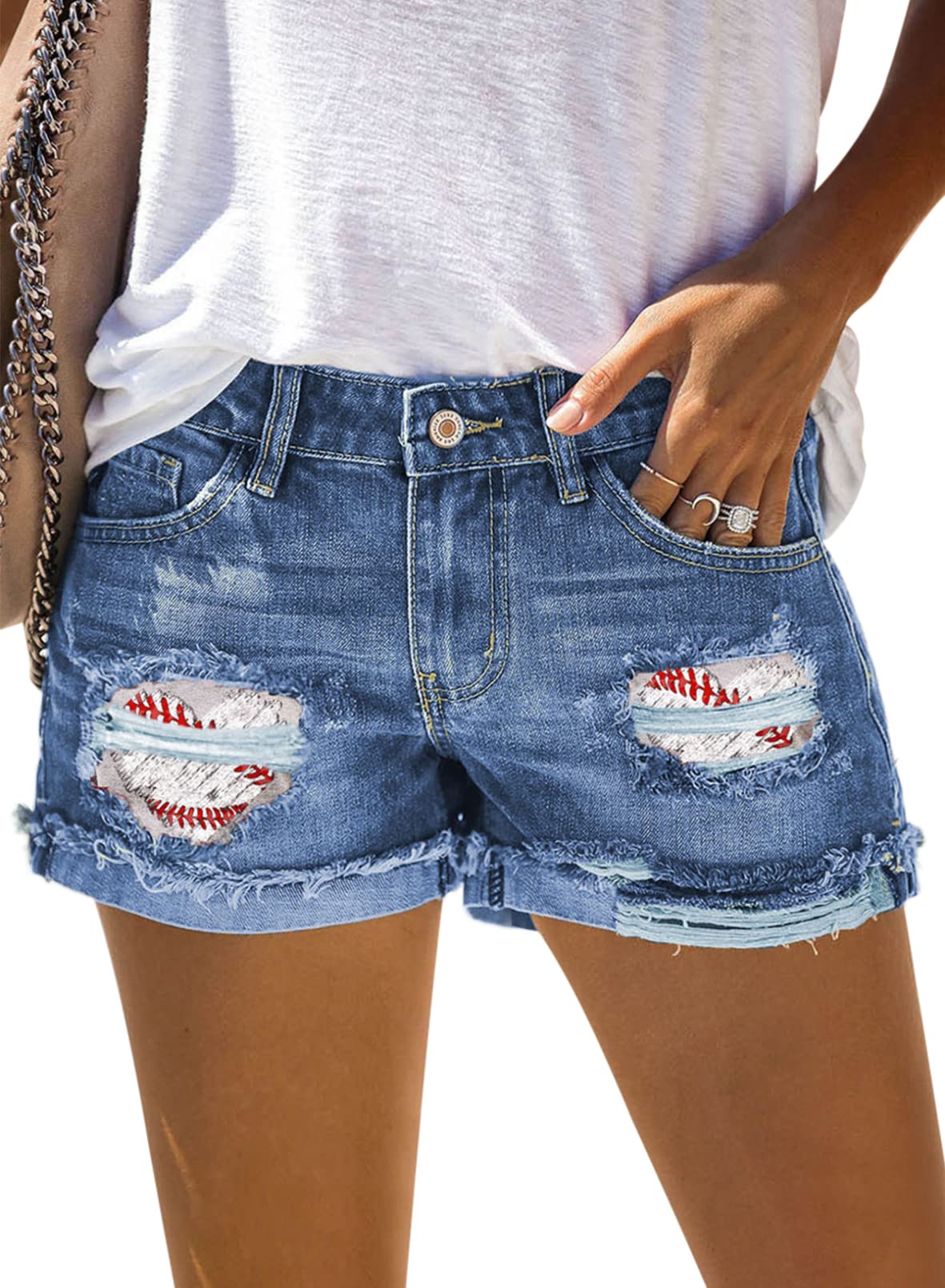 Sidefeel Women's Mid Rise Distressed Denim Shorts - Cuffed Rolled Hem Casual Jean Shorts for Summer Outfits & Streetwear Fashion