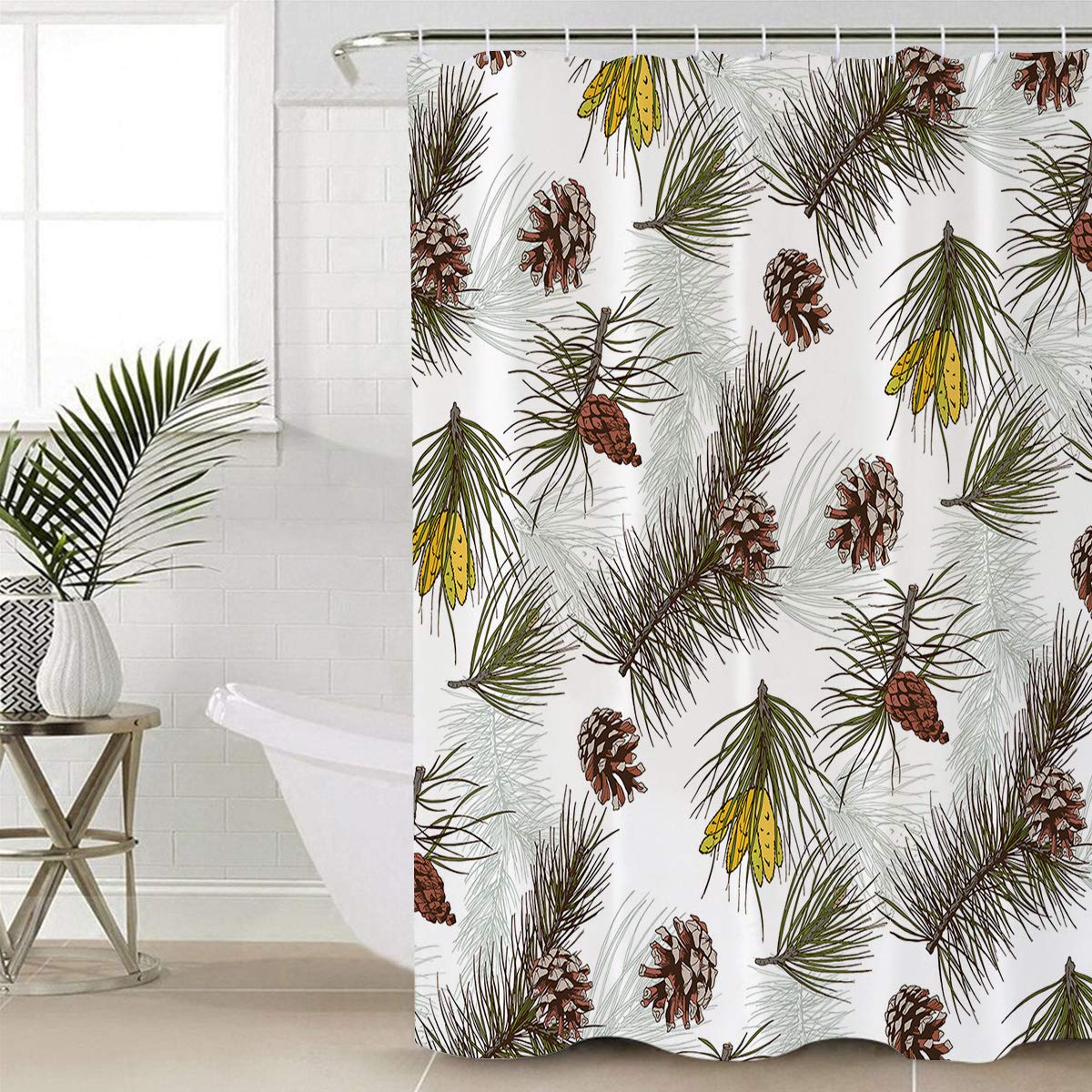 4-Piece Pinecone Christmas Shower Curtain Set - Waterproof Fabric Bathroom Decor with Non-Slip Rugs, Toilet Lid Cover & Bath Mat (66x72 Inch, White & Green) - Perfect for Holiday Bathroom Makeover & Festive Home Decor